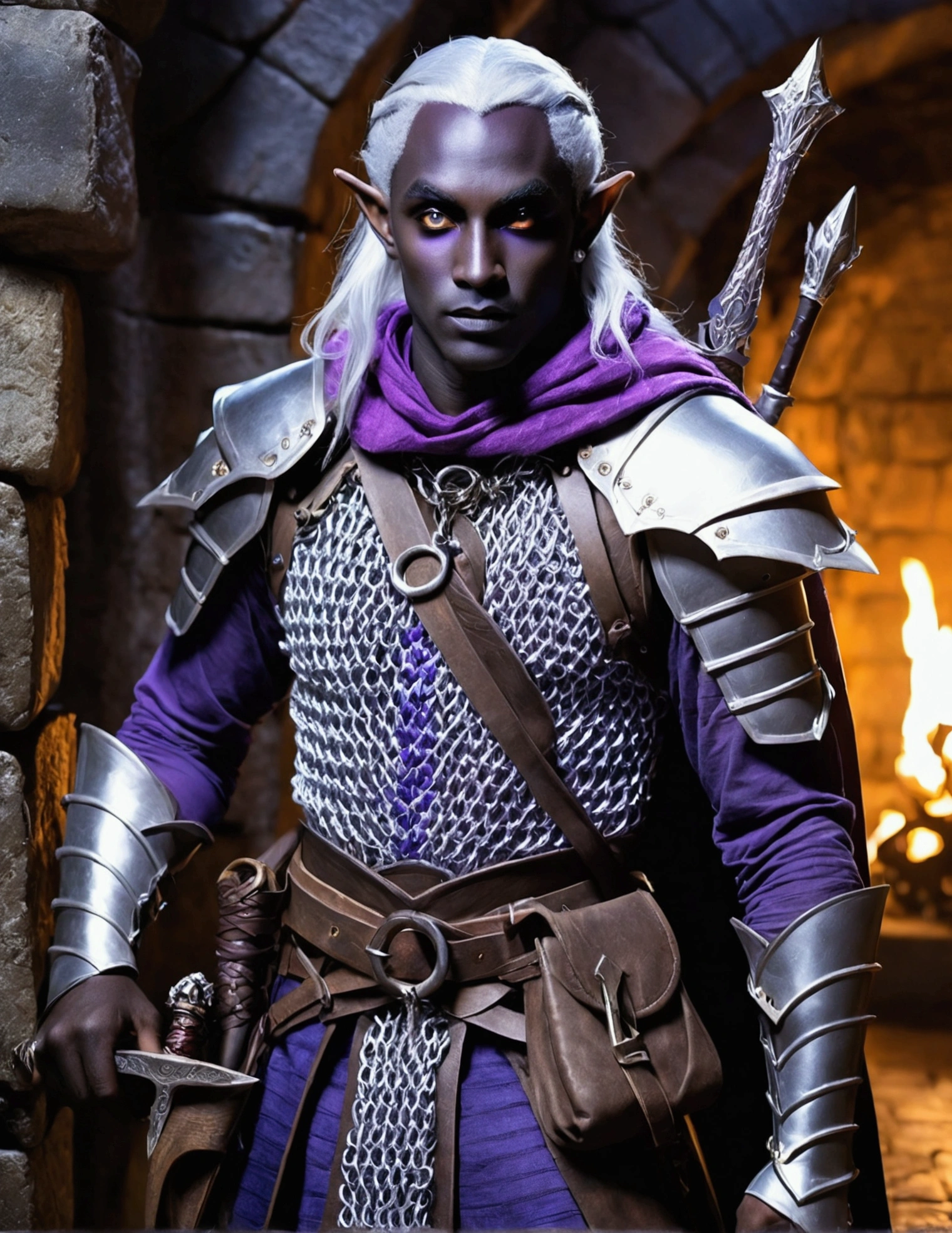 (Drow Elf Male)(Night black skin, violet tinged night spun chain mail, adventuring sacks and pouches, violet eyes, silver hair, magical bag on hip, one handed crossbow, sword in scabbard) look of contempt on his face, posing in a dungeon, viewer is not a worthy foe