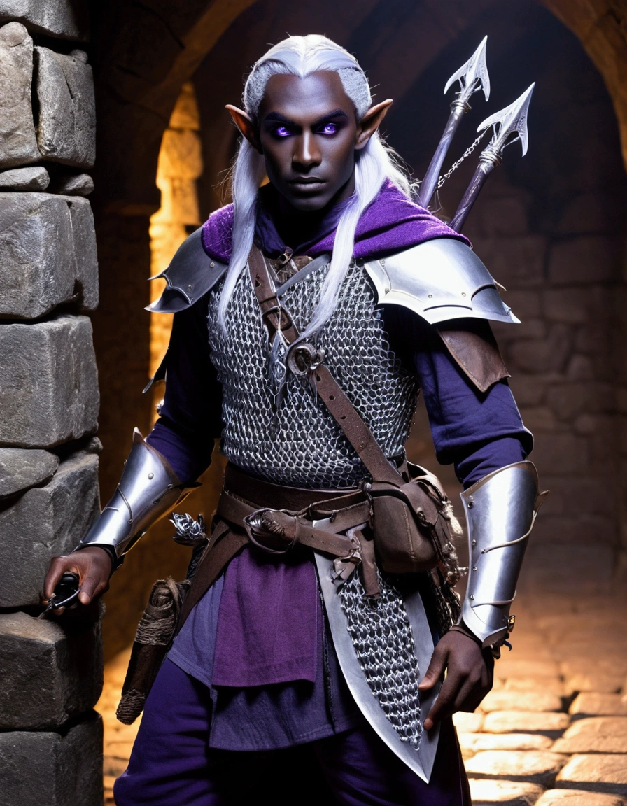 (Drow Elf Male)(Night black skin, violet tinged night spun chain mail, adventuring sacks and pouches, violet eyes, silver hair, magical bag on hip, one handed crossbow, sword in scabbard) look of contempt on his face, posing in a dungeon, viewer is not a worthy foe