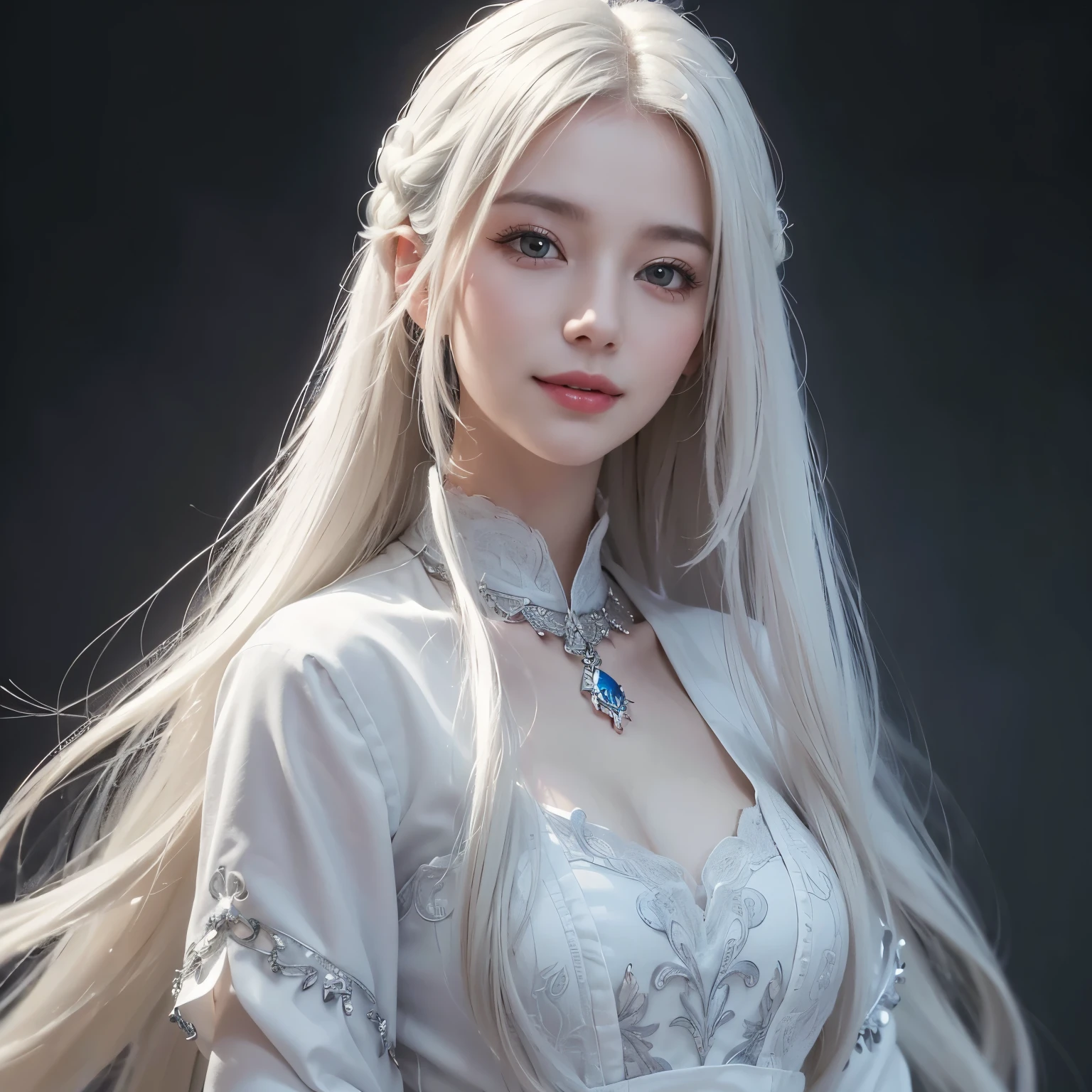 dark atmosphere,The setting is London in the mid-20th century.、White Wolf、 ((best quality、masterpiece、8k、Best image quality、ultra high resolution、winning photo)、(precisely ???????:1.1)、(smile at me:1.1)、Shining fair skin with ultra high resolution、the most delicate face、ultra high resolution detailed face、short, flowing white hair 、A beautiful face drawn in every detail.、(blurred background:1.1)、georgian traditional man&#39;costume, , There is a real wolf next to the girl 