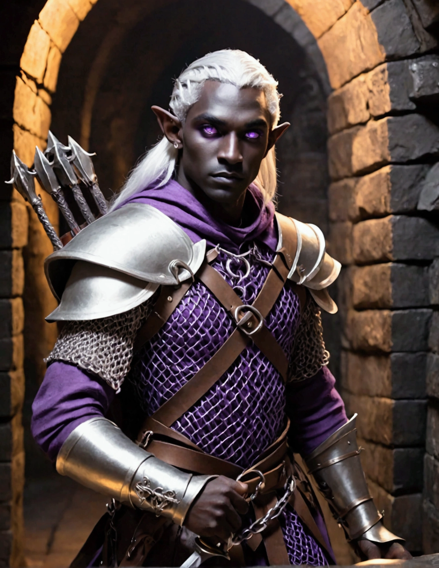 (Drow Elf Male)(Night black skin, violet tinged night spun chain mail, adventuring sacks and pouches, violet eyes, silver hair, magical bag on hip, one handed crossbow, sword in scabbard) look of contempt on his face, posing in a dungeon, viewer is not a worthy foe