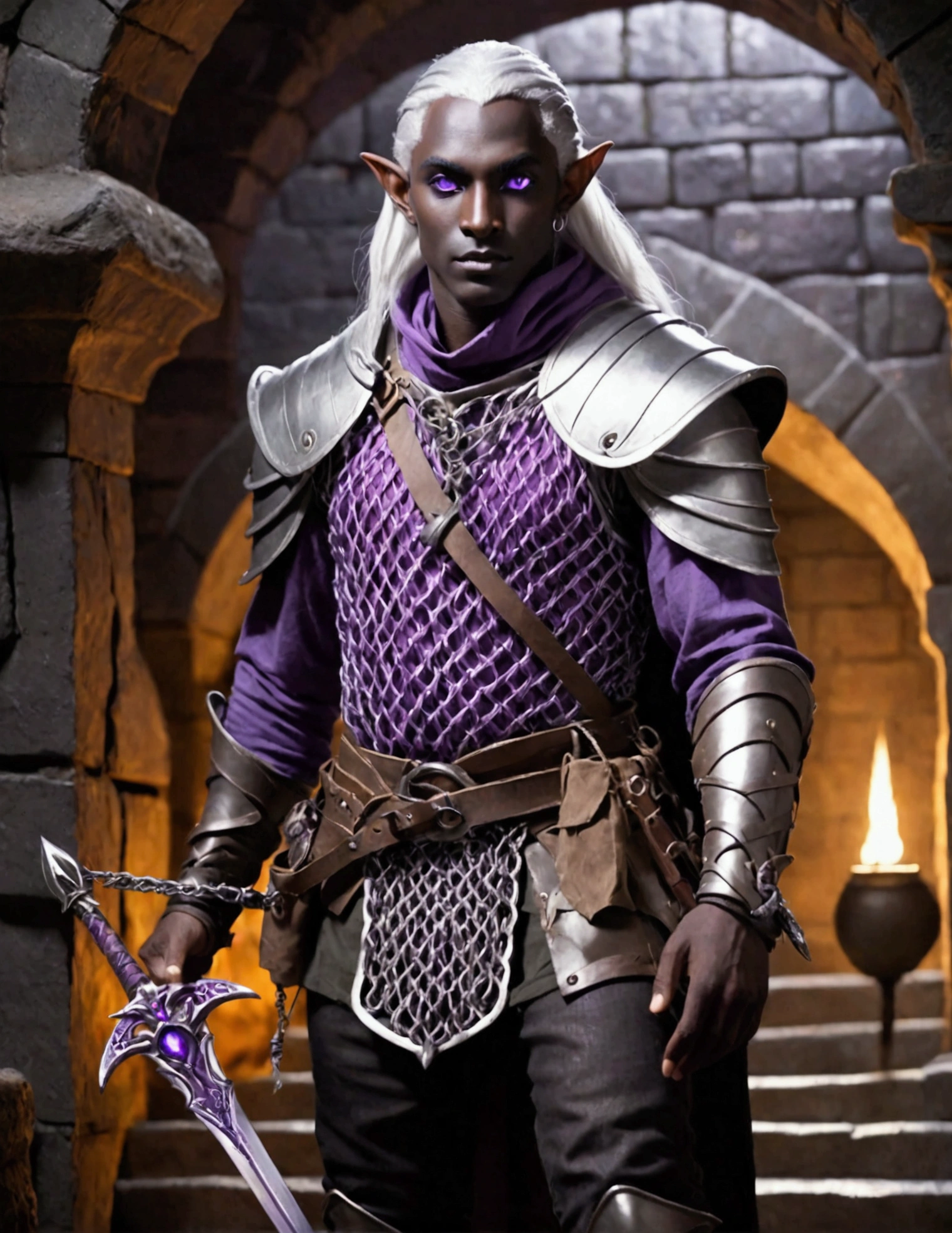 (Drow Elf Male)(Night black skin, violet tinged night spun chain mail, adventuring sacks and pouches, violet eyes, silver hair, magical bag on hip, one handed crossbow, sword in scabbard) look of contempt on his face, posing in a dungeon, viewer is not a worthy foe