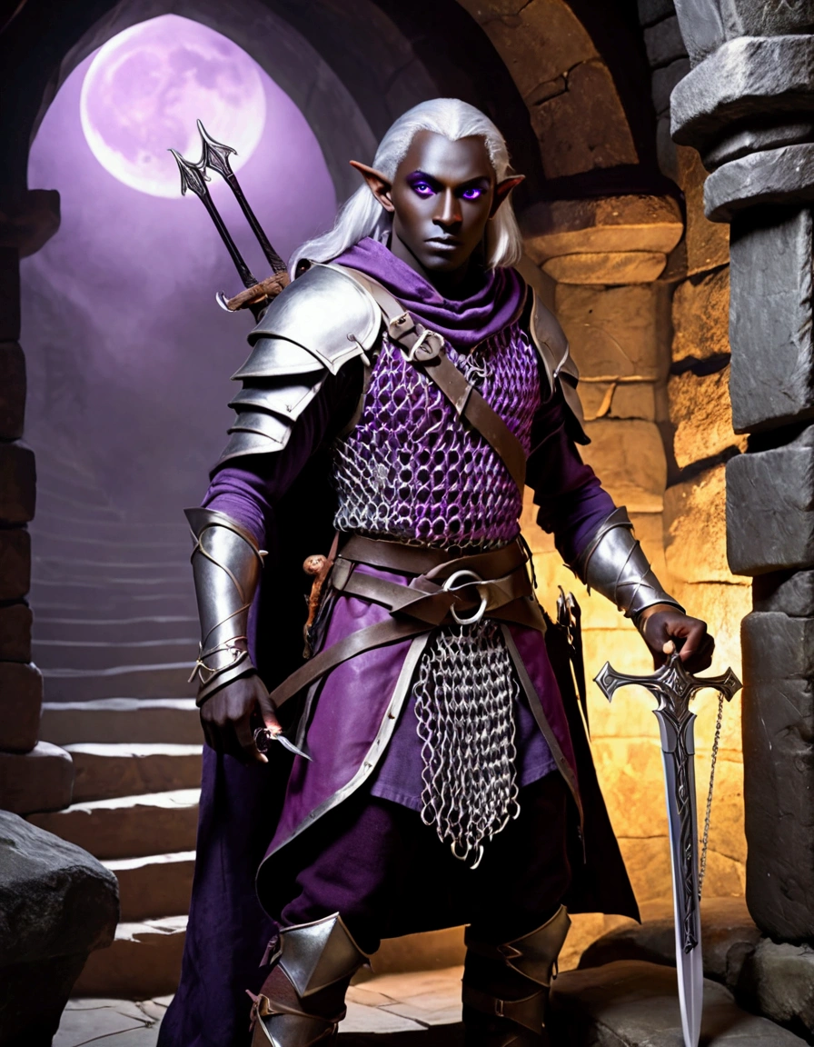 (Drow Elf Male)(Night black skin, violet tinged night spun chain mail, adventuring sacks and pouches, violet eyes, silver hair, magical bag on hip, one handed crossbow, sword in scabbard) look of contempt on his face, posing in a dungeon, viewer is not a worthy foe