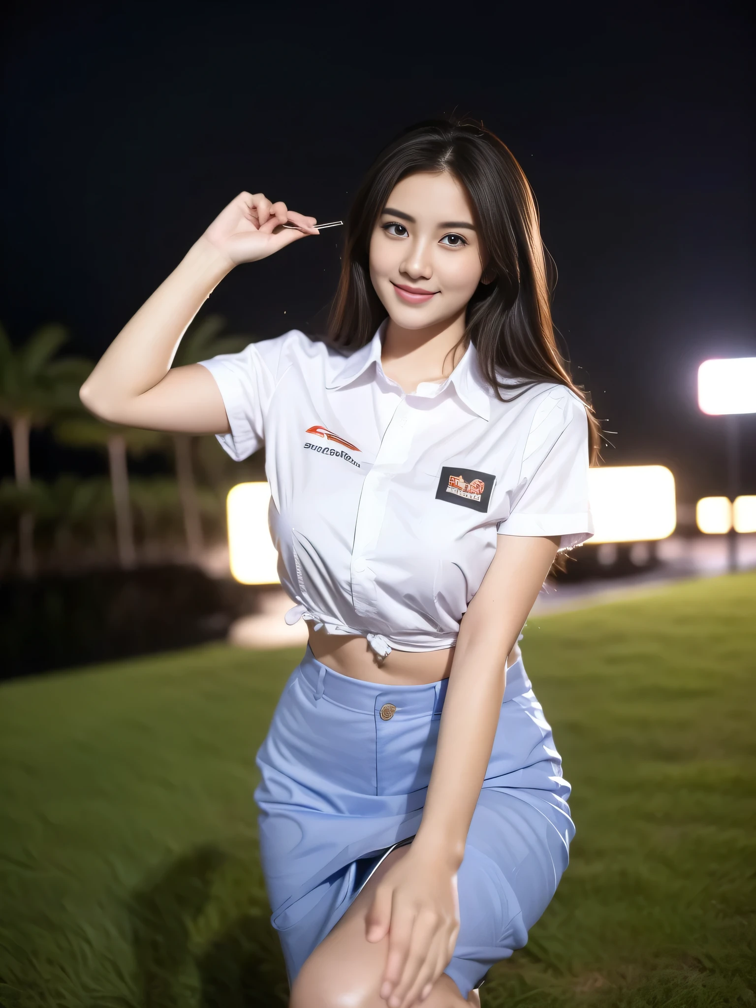 1girl, (uniform), standing, outdoors, night view, detailed Metropolitan city at the background, (Overhead view:1.35), (zoom out: 1.2), detailed face, cute little smirk, detailed eyes, medium large breasts, six pack abs, smooth realistic skin, semi-curvy body, white shirt, grey blue short skirt, looking at the audience, (8k, RAW photo, best quality, masterpiece: 1.3), (realistic, realistic: 1.37), ultra-high resolution