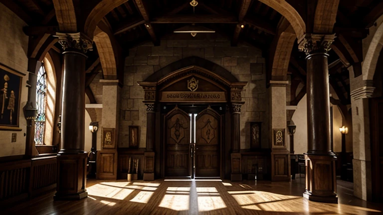 Indoor, fantasy, fantasy medieval, adventurers guild, two-story building, huge hall, medieval wood columns, epic, Bulletin Board on the wall, entrance door, one-point perspective composition, concept art, art, high-quality illustrations, masterpiece, Majestic, soft lighting, from the receptionist's point of view