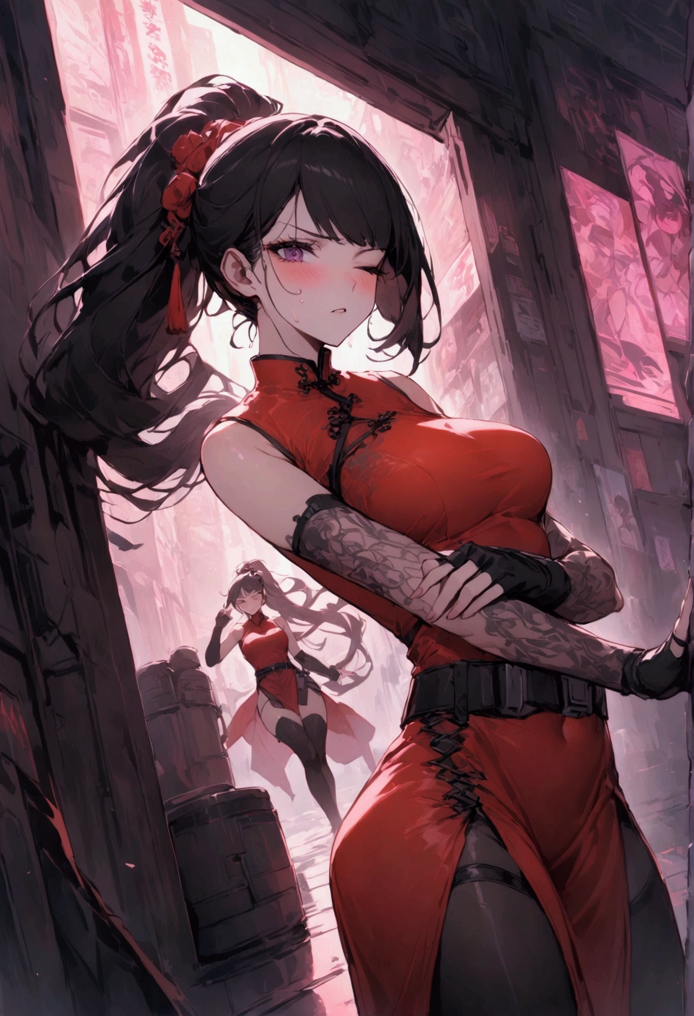 Dynamic composition,dutch angle,from side,{{masterpiece}}, {{{Highest quality}}},{{Very detailed}},{{Fight}},{{fighting stance:1.6}},{{critical situation:1.6}},{{hold down one's stomach with one's hands:1.6}},1girl,30years old,{Mature Woman}},cyberpunk,{{RED　Chinese clothing:1.2}},Red　sleeveless Chinese dress,pelvic curtain,black stockings,belt,black fingerless gloves,Lace arm covers,holster,{{Grit your teeth:1.4}},one eye closed,　,{{v-shaped eyebrows}},Bad mood,blush,Sweat,raise one's eyebrows　,{{View your viewers}}、Very long long hair in a ponytail．abdominal pain ,{{pain}},Inside the dojo,indoor