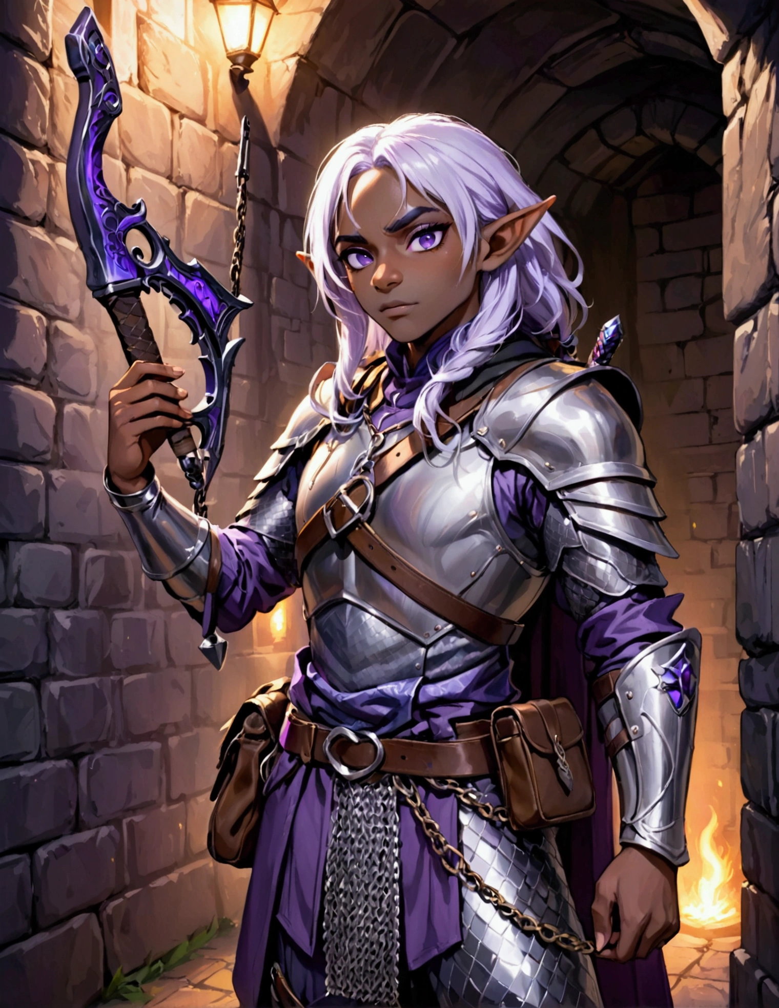 (Drow Elf Male)(Night black skin, violet tinged night spun chain mail, adventuring sacks and pouches, violet eyes, silver hair, magical bag on hip, one handed crossbow, sword in scabbard) look of contempt on his face, posing in a dungeon, viewer is not a worthy foe
