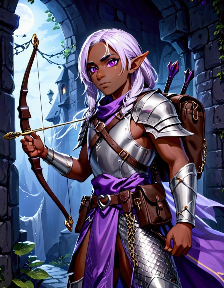 (Drow Elf Male)(Night black skin, violet tinged night spun chain mail, adventuring sacks and pouches, violet eyes, silver hair, magical bag on hip, one handed crossbow, sword in scabbard) look of contempt on his face, posing in a dungeon, viewer is not a worthy foe
