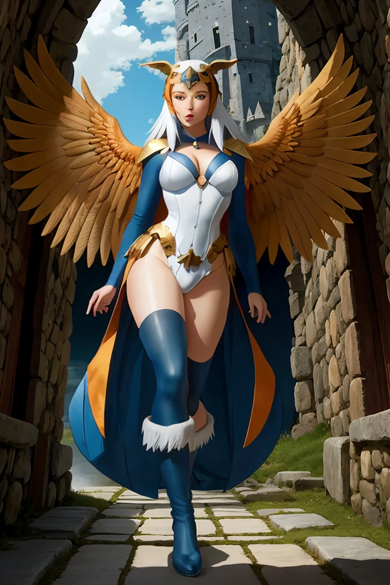 ((Full-length photo, standing, feet on the ground)) ((1girl)), full body, motu_sorceress, gorgeous woman, realistic, blue and white long sleeved v-neck bodysuit with feather detailing,  eagle headdress, orange and blue feather cloak, blue boots with white fur trim, (extremely detailed 8k wallpaper), masterpiece, best quality, good hands, perfect hands,((intricate detail)), absurdres, ((perfect face)), (soft smile:1.3), dynamic angle, dynamic pose, ((fantasy castle setting:1.2)), outdoors,  