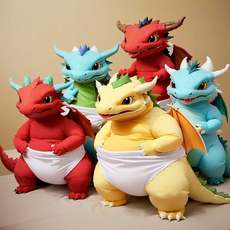 several stuffed dragon characters are posed in a group on a table, dream creature costumes, fat dragon, dragon-inspired cloth robes, dragon - inspired suit, dragons, soft draconic features, stuffed dragon, as an anthropomorphic dragon, dragon body, ultraterrestrial dragons, draconians, dragon! dragon! dragon!