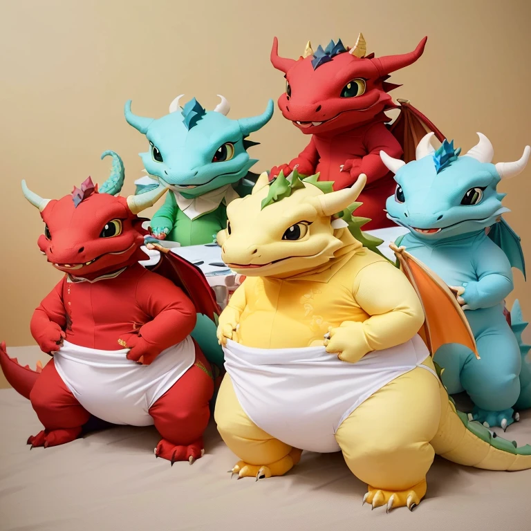 several stuffed dragon characters are posed in a group on a table, dream creature costumes, fat dragon, dragon-inspired cloth robes, dragon - inspired suit, dragons, soft draconic features, stuffed dragon, as an anthropomorphic dragon, dragon body, ultraterrestrial dragons, draconians, dragon! dragon! dragon!