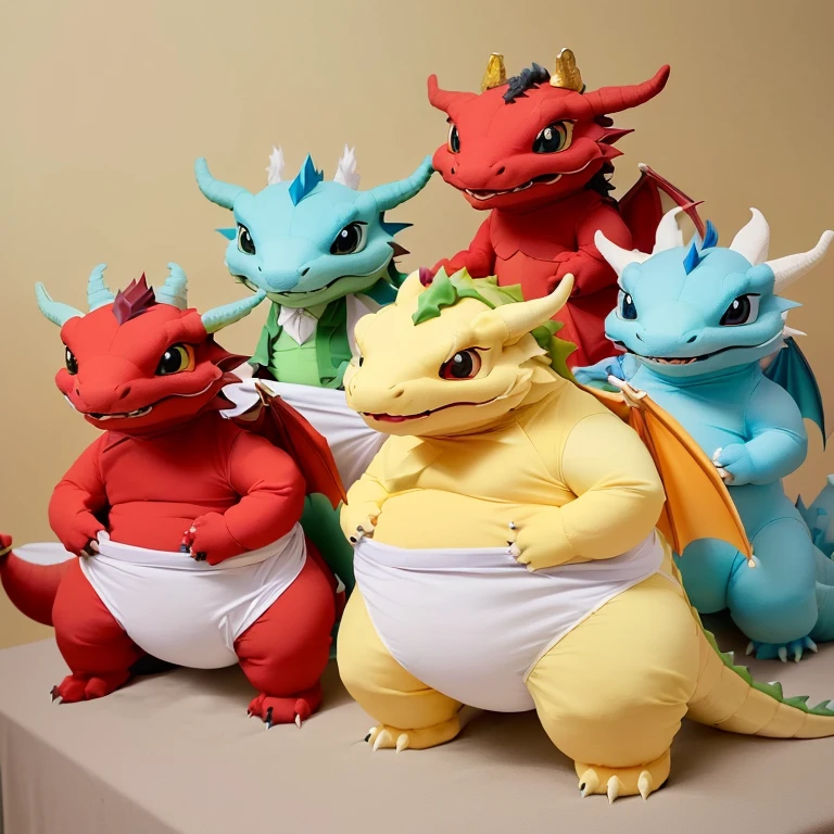 several stuffed dragon characters are posed in a group on a table, dream creature costumes, fat dragon, dragon-inspired cloth robes, dragon - inspired suit, dragons, soft draconic features, stuffed dragon, as an anthropomorphic dragon, dragon body, ultraterrestrial dragons, draconians, dragon! dragon! dragon!