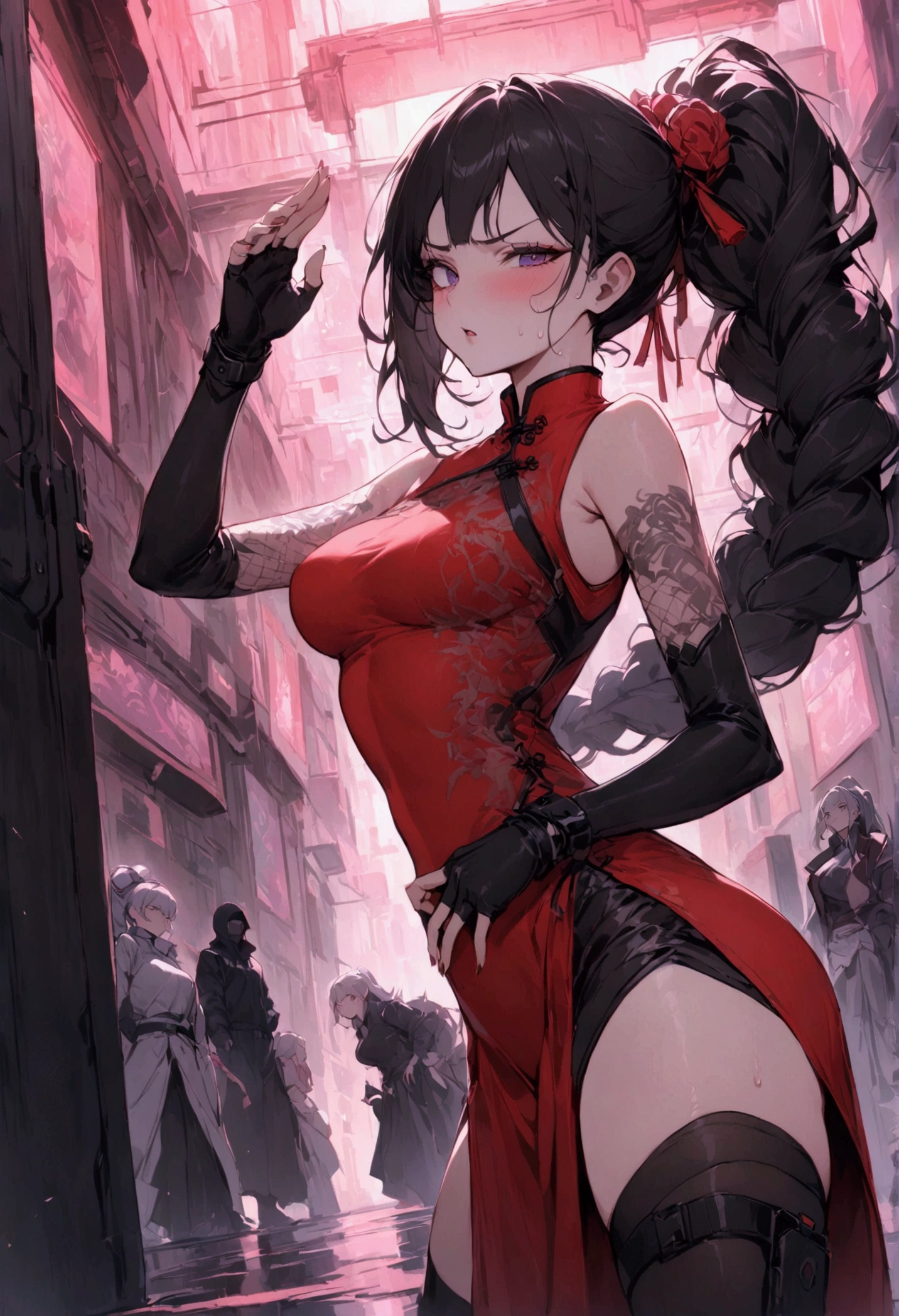 Dynamic composition,dutch angle,from side,{{masterpiece}}, {{{Highest quality}}},{{Very detailed}},{{Fight}},{{fighting stance:1.6}},{{critical situation:1.6}},{{hold down one's stomach with one's hands:1.6}},1girl,30years old,{Mature Woman}},cyberpunk,{{RED Chinese clothing:1.2}},Red sleeveless Chinese dress,pelvic curtain,black stockings,belt,black fingerless gloves,Lace arm covers,holster,{{Grit your teeth:1.4}},one eye closed, ,{{v-shaped eyebrows}},Bad mood,blush,Sweat,raise one's eyebrows ,{{View your viewers}}、Very long long hair in a ponytail.abdominal pain ,{{pain}},Inside the dojo,indoor