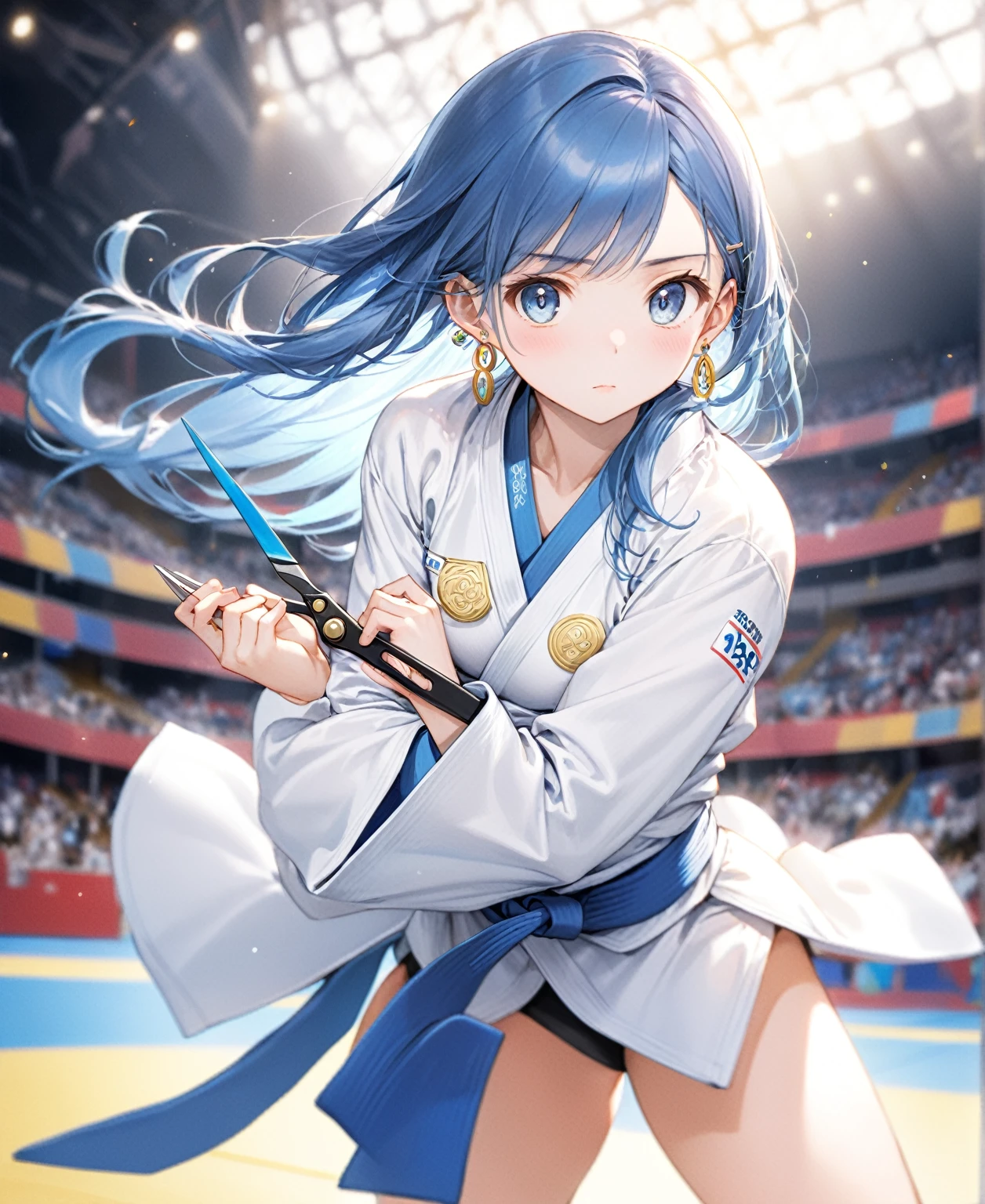 (Highest quality,8k,32K,masterpiece,Ultra-high resolution :1.2 ),born,One girl,Super cute,Natural light,Clear, shining eyes,20-year-old,Fair skin,Olympic venue electronic world fantasy background,The noble earrings are shining,The noble necklace shines,Blue Hair,Judo,Holding scissors,Long Hair,Doing judo,Serious expression,Stuffy,Straight Hair
