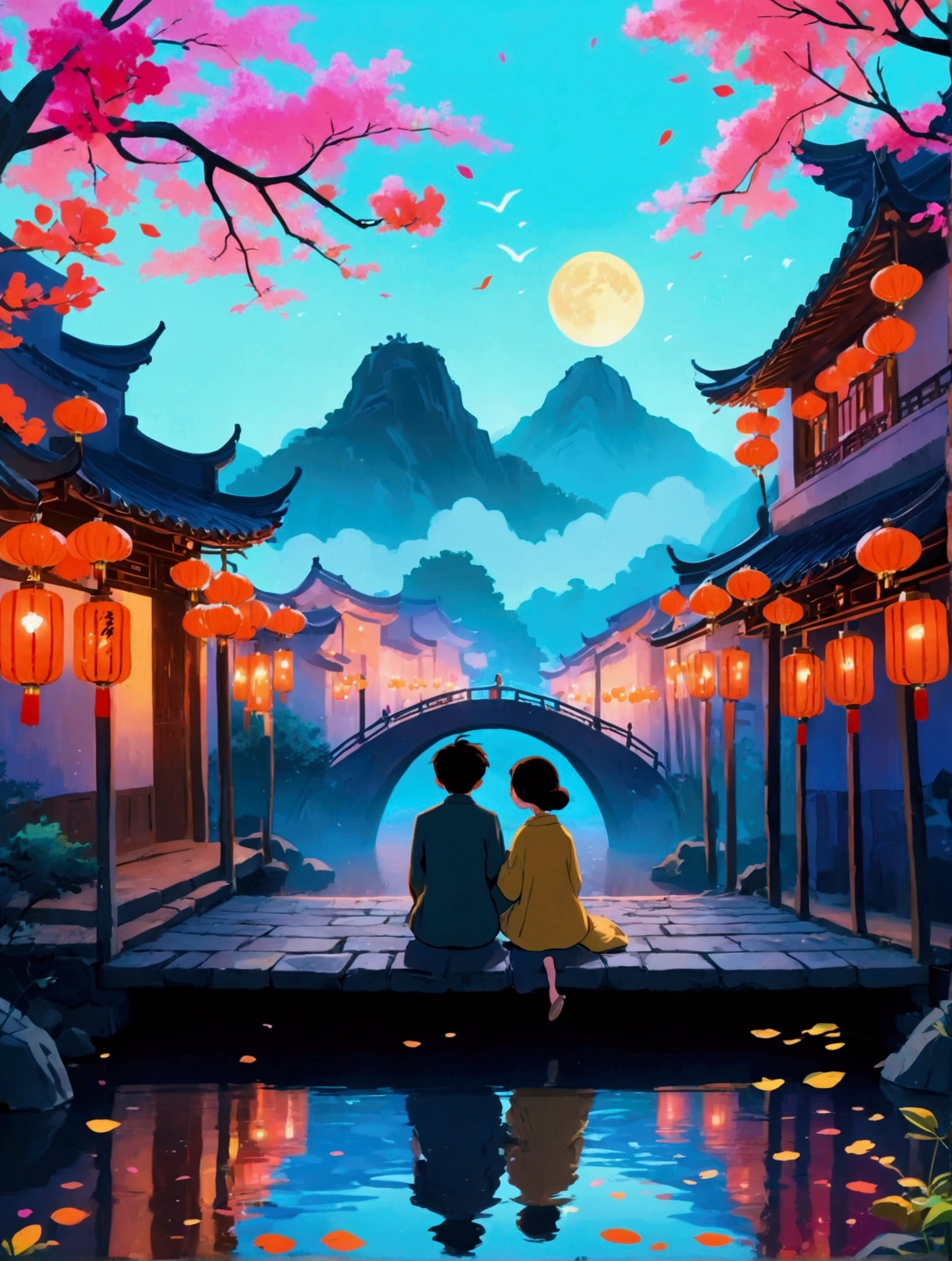 (((8k，Bright colors，Bright，Ultra high saturation，rgb, Colorful))), (Low Angle Shot), (Looking up), A man and a woman sitting on a bridge surrounded by ancient buildings decorated with lanterns at night. This building is in Chinese style, with a shining moon in the background. Below is the reflection of water. The inspiration for the animation style comes from Studio Ghibli in a beautiful fantasy world