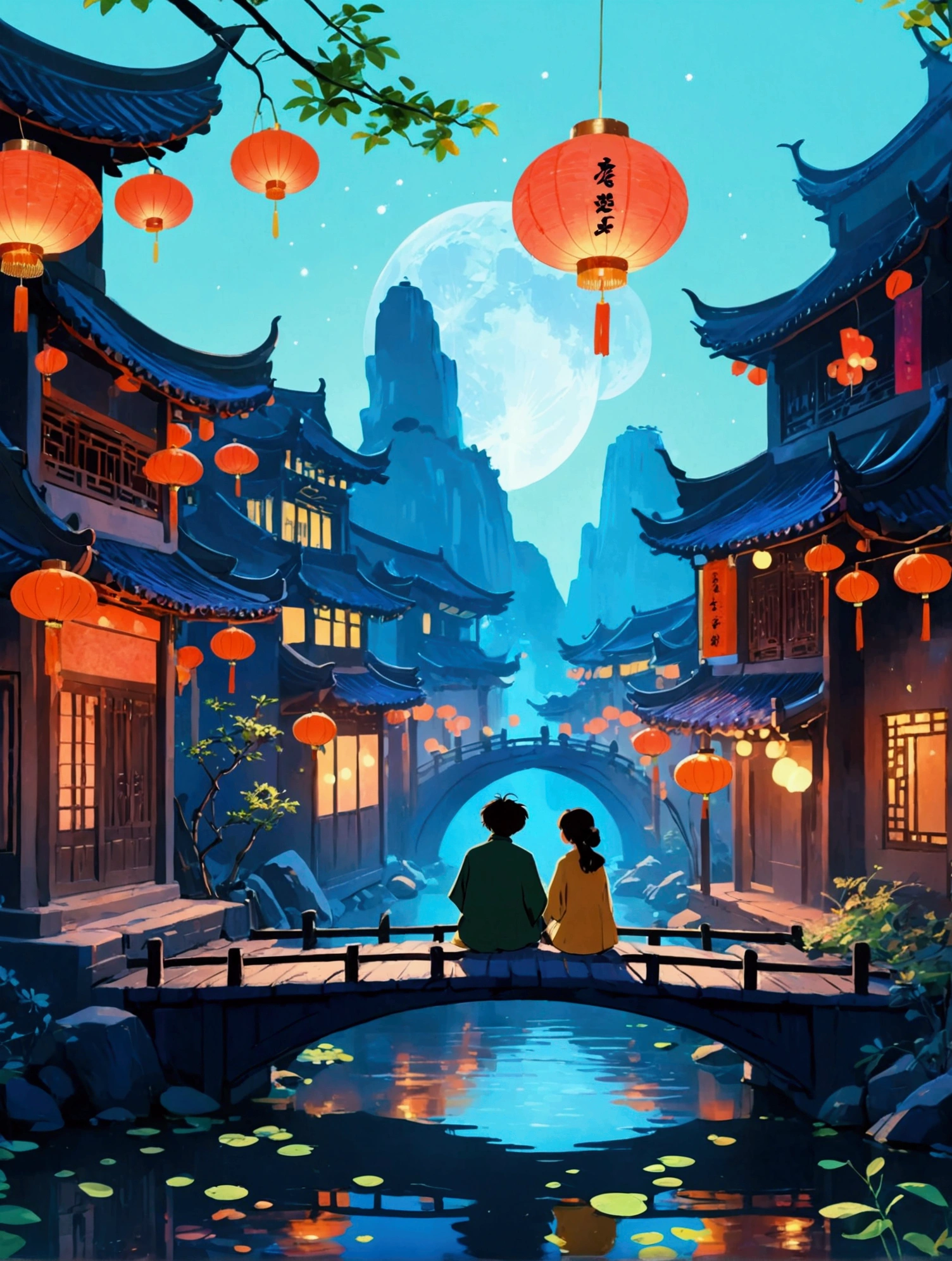 (((8k，Bright colors，Bright，Ultra high saturation，rgb, Colorful))), (Low Angle Shot), (Looking up), A man and a woman sitting on a bridge surrounded by ancient buildings decorated with lanterns at night. This building is in Chinese style, with a shining moon in the background. Below is the reflection of water. The inspiration for the animation style comes from Studio Ghibli in a beautiful fantasy world