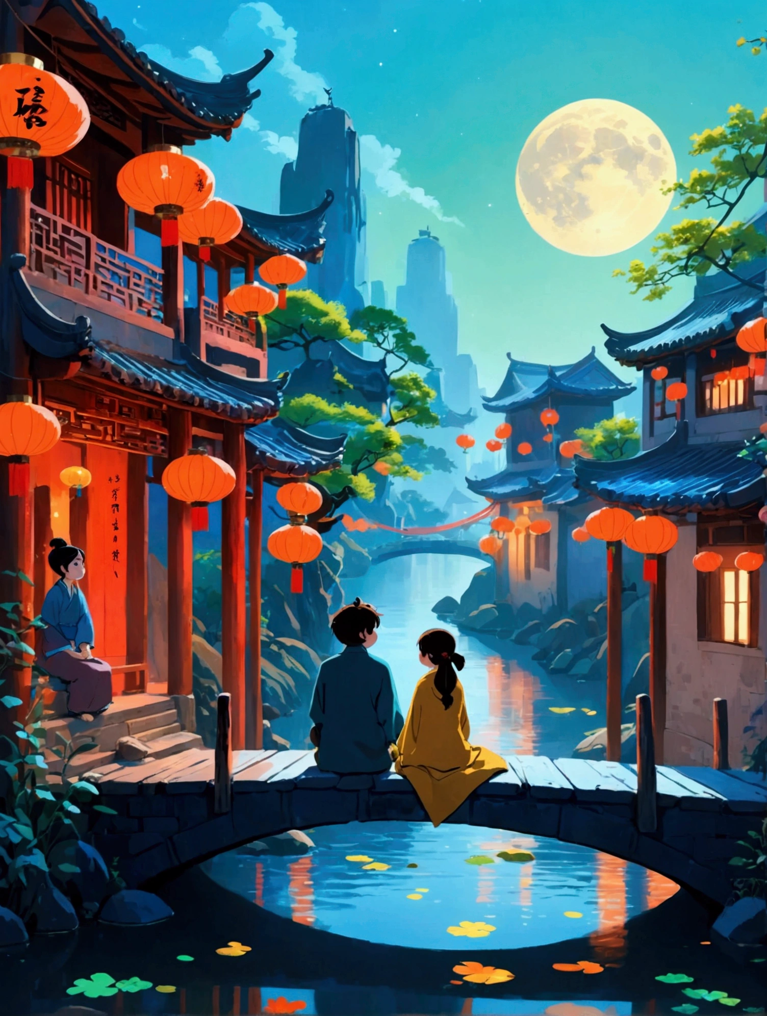 (((8k，Bright colors，Bright，Ultra high saturation，rgb, Colorful))), (Low Angle Shot), (Looking up), A man and a woman sitting on a bridge surrounded by ancient buildings decorated with lanterns at night. This building is in Chinese style, with a shining moon in the background. Below is the reflection of water. The inspiration for the animation style comes from Studio Ghibli in a beautiful fantasy world