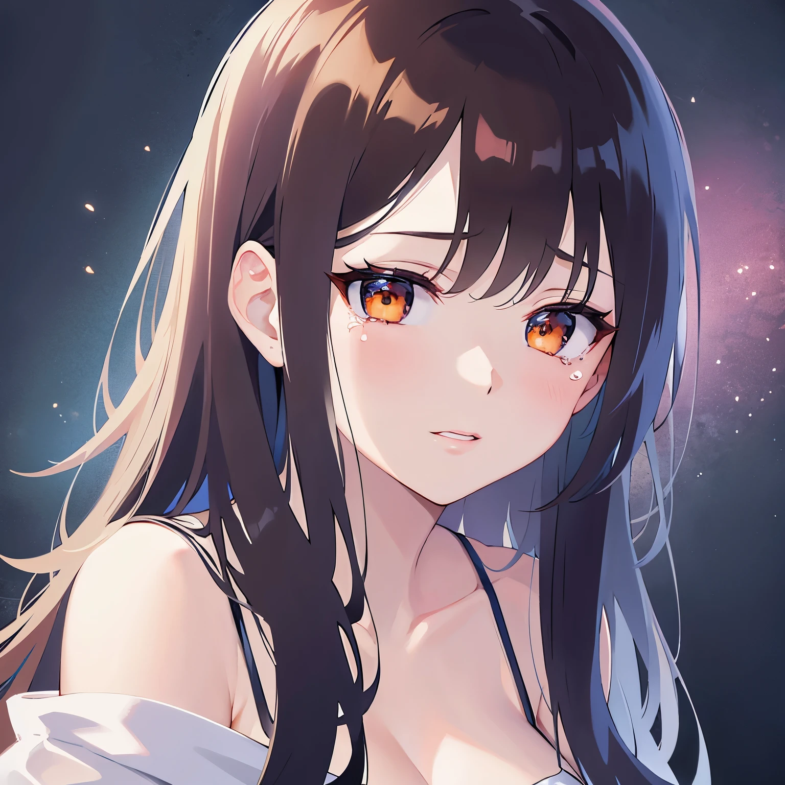 Cleavage、Close-up of your face、(pale skin: 1.2), shiny skin, shiny hair、(A 25-year-old woman with medium-length hair and bangs) and (wavy hair) and (brown hair) and (orange eyes) , (white) and (off shoulder dress) 、sad, (tears:1.2), The background is the night starry sky、Night Park、Alone、Are standing