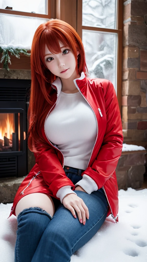Red-haired anime girl wearing a red down jacket,snow on the window,Crouch in front of the fireplace,Big Breasts