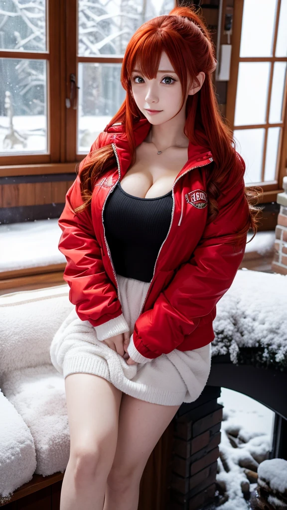 Red-haired anime girl wearing a red down jacket,snow on the window,Crouch in front of the fireplace,Big Breasts
