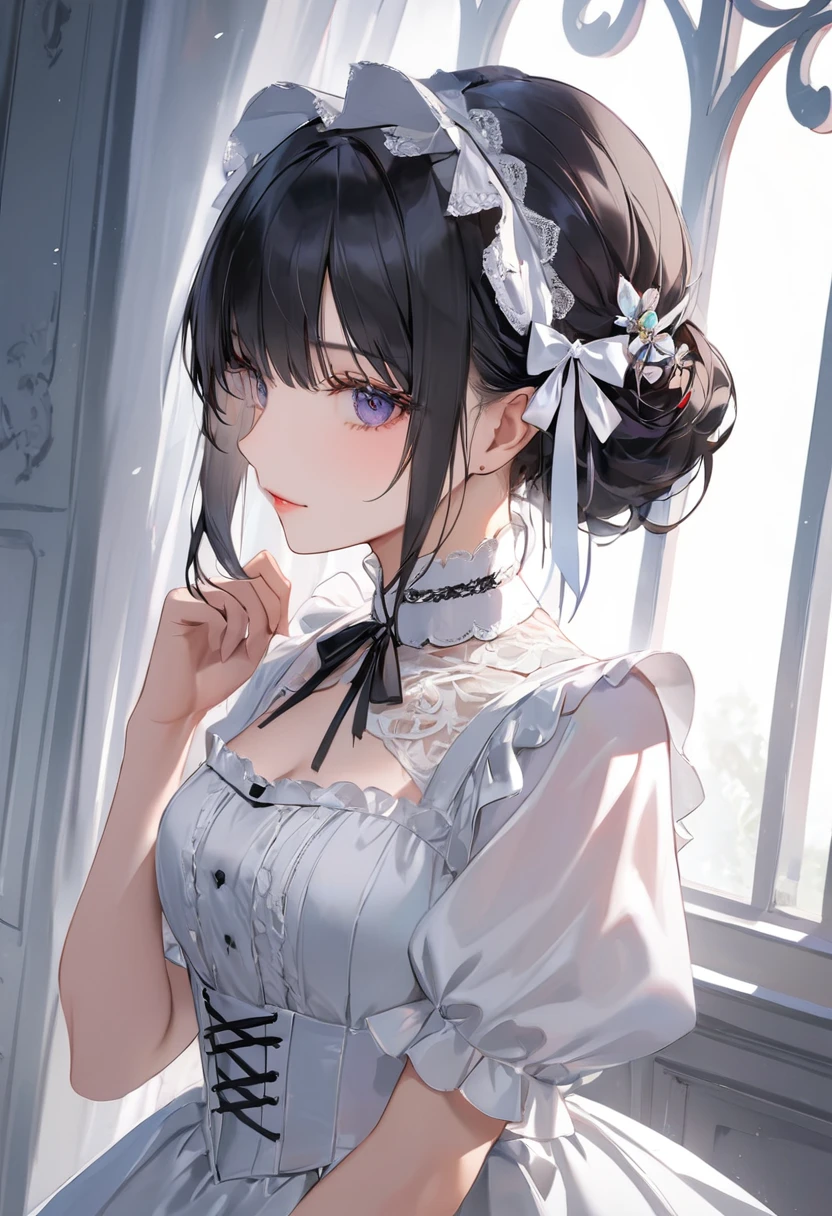 (top-quality),(masuter piece),Delicately drawn face,girl with a pretty face,beautiful detailed eyes,White Gothic Lolita Fashion,((Black and white costume)),(Beautiful silky black hair:1.2),white ribbon hair ornament,Film Lighting,in White Gothic room