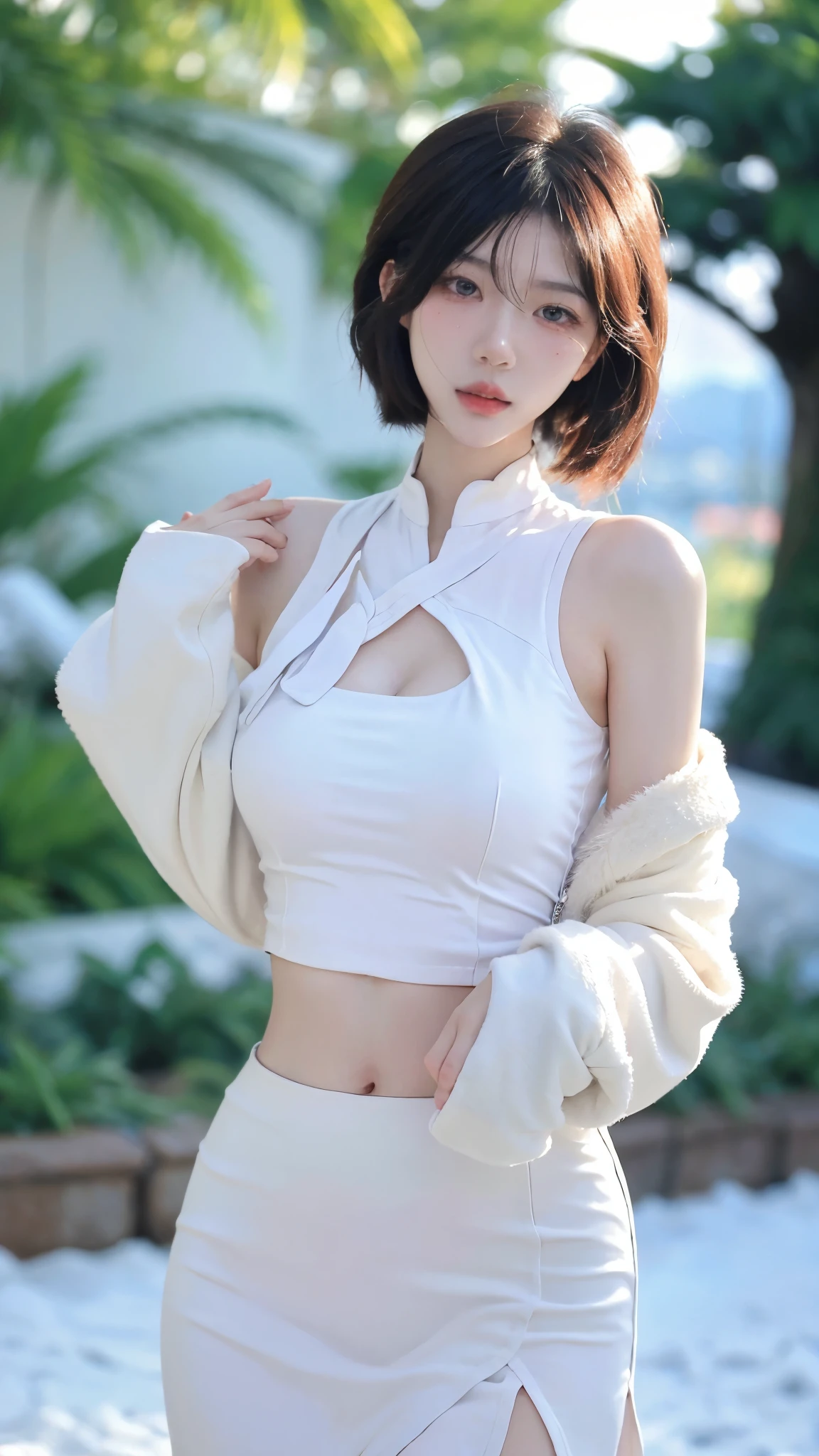 Beautiful woman with perfect figure:1.4,snow,Touching butt with both hands,snow背景,Layered Hairstyle,White skin,Prominent cleavage,Pleated Skirt,whole body,Very delicate face and skin texture,Double eyelids,Skin Whitening,Long white hair