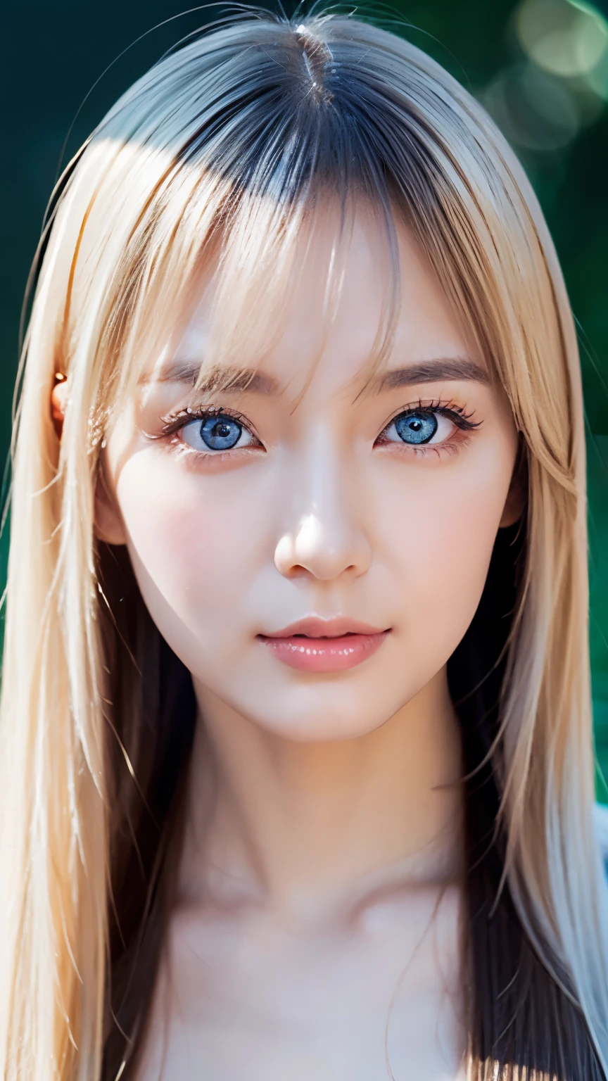 Unparalleled beauty, Glossy, firm and shiny skin, Bangs between the eyes, Beautiful shiny, straight platinum blonde, Super long straight silky hair, eyeliner, sexyで美しい無邪気な20歳, High resolution, Very bright and beautiful large glowing light blue eyes、Very big eyes、Beautiful and lovely girl, ((Huge ))、((erotic、sexy、超High resolution、The lighting is bright、Precise needles without discomfort))、