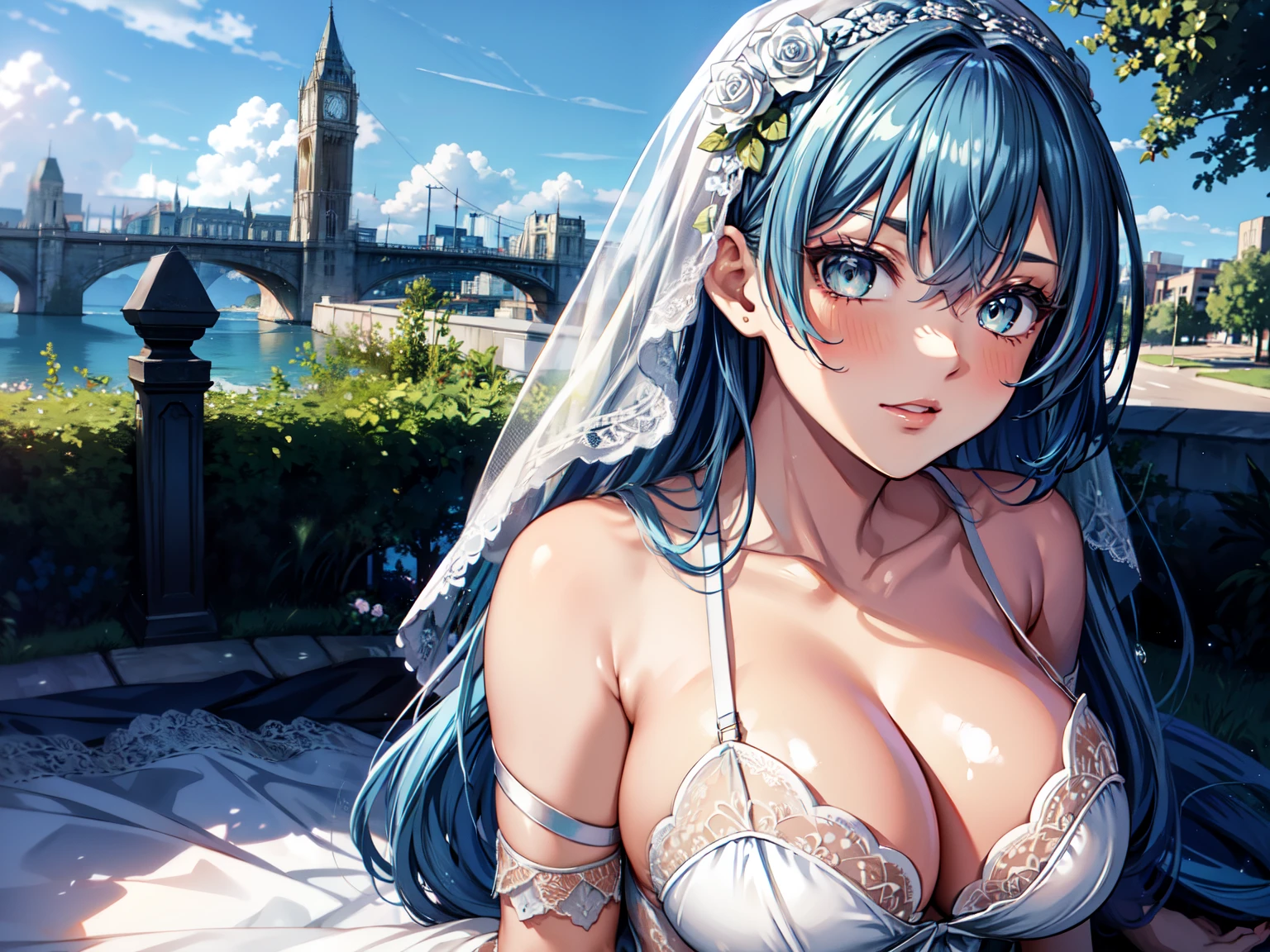 (masterpiece, best quality, beautiful and aesthetic:1.3), look back, side view, 1woman, solo, matured woman, (Deep blue hair streaked blue:1.4), (Gradient sky blue hair ends:1.6), hair strand, absurdly long hair, single sidelock, wavy hair, shiny hair, floating hair, (deep blue eyes), delicate eyes, aqua eyes, super high detailed eyes, long upper eyelashes, makeup, Focus on face, Very detailed facial, Perfect breasts, hot body, (Delicate skin texture:1.2), bridal veil, lace-trimmed dress, see-through, wedding dress, outdoors, white roses, garden, morning, standing, extreme detailed, (A little embarrassing)