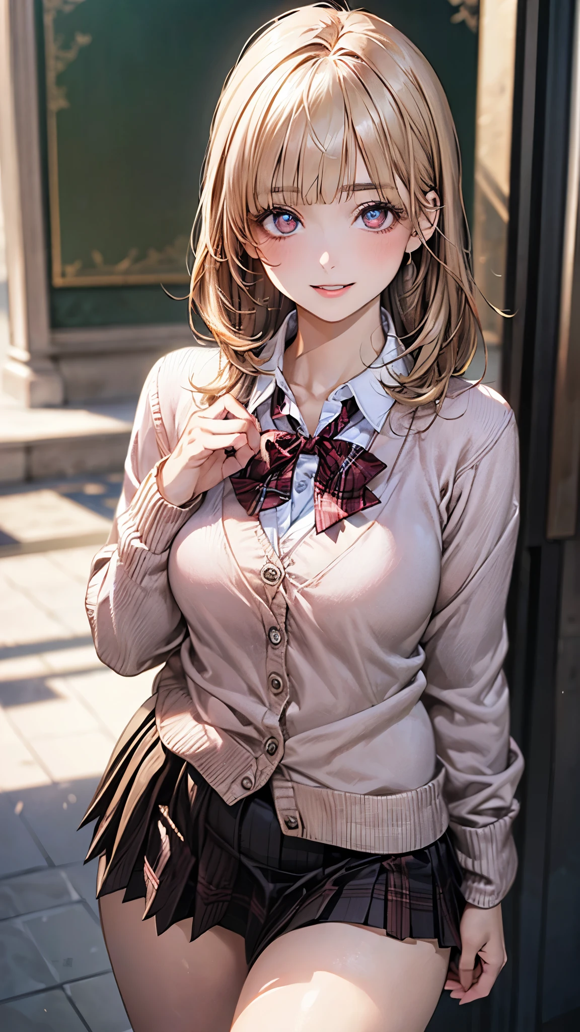 (masterpiece:1.2, top-quality), (realistic, photorealistic:1.4), beautiful illustration, (natural side lighting, movie lighting), depth of fields, nsfw,
beautiful detailed hair, beautiful detailed face, beautiful detailed eyes, beautiful clavicle, beautiful body, beautiful chest, beautiful thigh, beautiful legs,
looking at viewer, 1 girl, 12 years old, (perfect anatomy, anatomically correct, super detailed skin), cute and symmetrical face, perfect face, perfect eyes,
(middle hair, straight hair, curvy hair, ash blonde hair), blunt bangs, break gold eyes, big eyes, long eye lasher, (medium breasts, seductive thighs), perfect body, shiny skin, pink skin,
(detailed cloth texture, break white collared shirt, break (long sleeve pink knit cardigan), break dark brown pleated skirt, break dark red plaid bow tie), break
(beautiful scenery), (school crassroom:1.2), standing, (lovely smile, parted lips),