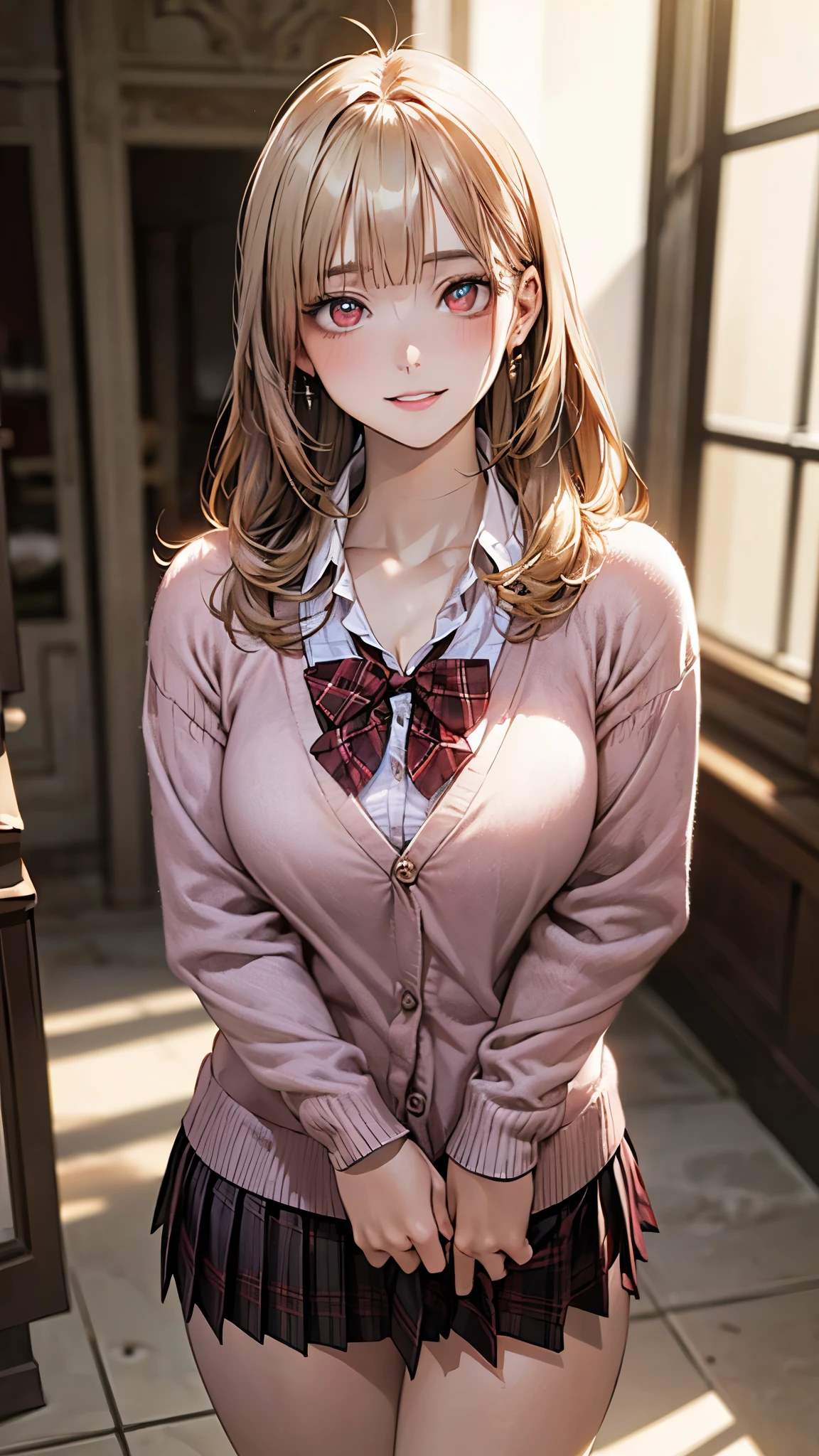 (masterpiece:1.2, top-quality), (realistic, photorealistic:1.4), beautiful illustration, (natural side lighting, movie lighting), depth of fields, nsfw,
beautiful detailed hair, beautiful detailed face, beautiful detailed eyes, beautiful clavicle, beautiful body, beautiful chest, beautiful thigh, beautiful legs,
looking at viewer, 1 girl, 12 years old, (perfect anatomy, anatomically correct, super detailed skin), cute and symmetrical face, perfect face, perfect eyes,
(middle hair, straight hair, curvy hair, ash blonde hair), blunt bangs, break gold eyes, big eyes, long eye lasher, (medium breasts, seductive thighs), perfect body, shiny skin, pink skin,
(detailed cloth texture, break white collared shirt, break (long sleeve pink knit cardigan), break dark brown pleated skirt, break dark red plaid bow tie), break
(beautiful scenery), (school crassroom:1.2), standing, (lovely smile, parted lips),