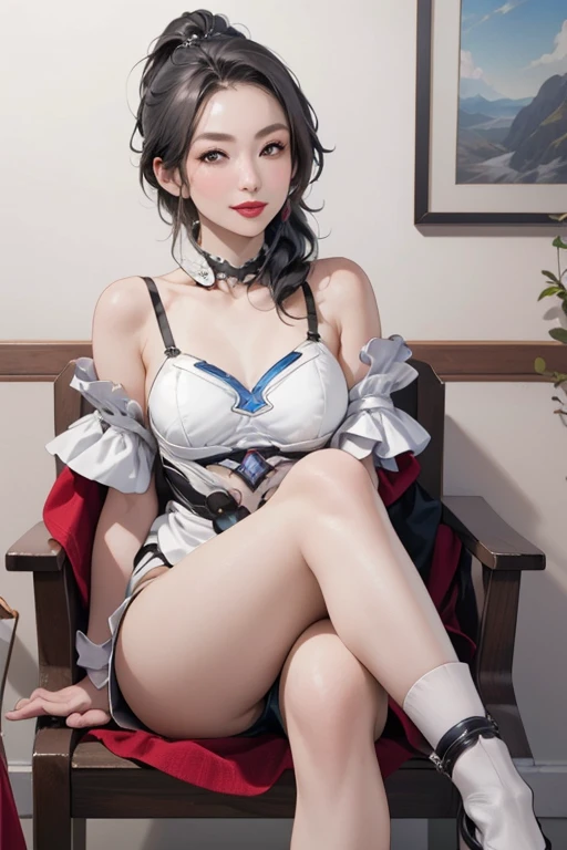 8k, Mature elegant Japanese woman, 55 years old, Married women, Delicate features, Long eyelashes, Sparkling eyes, Low Ponytail, Red lipstick, Rosy Cheeks, eye shadow, Attractive lips,  See-through lingerie, Sit on a chair, Crossing your legs, photo shoot,  (Highest quality,8k,High resolution,masterpiece:1.2),