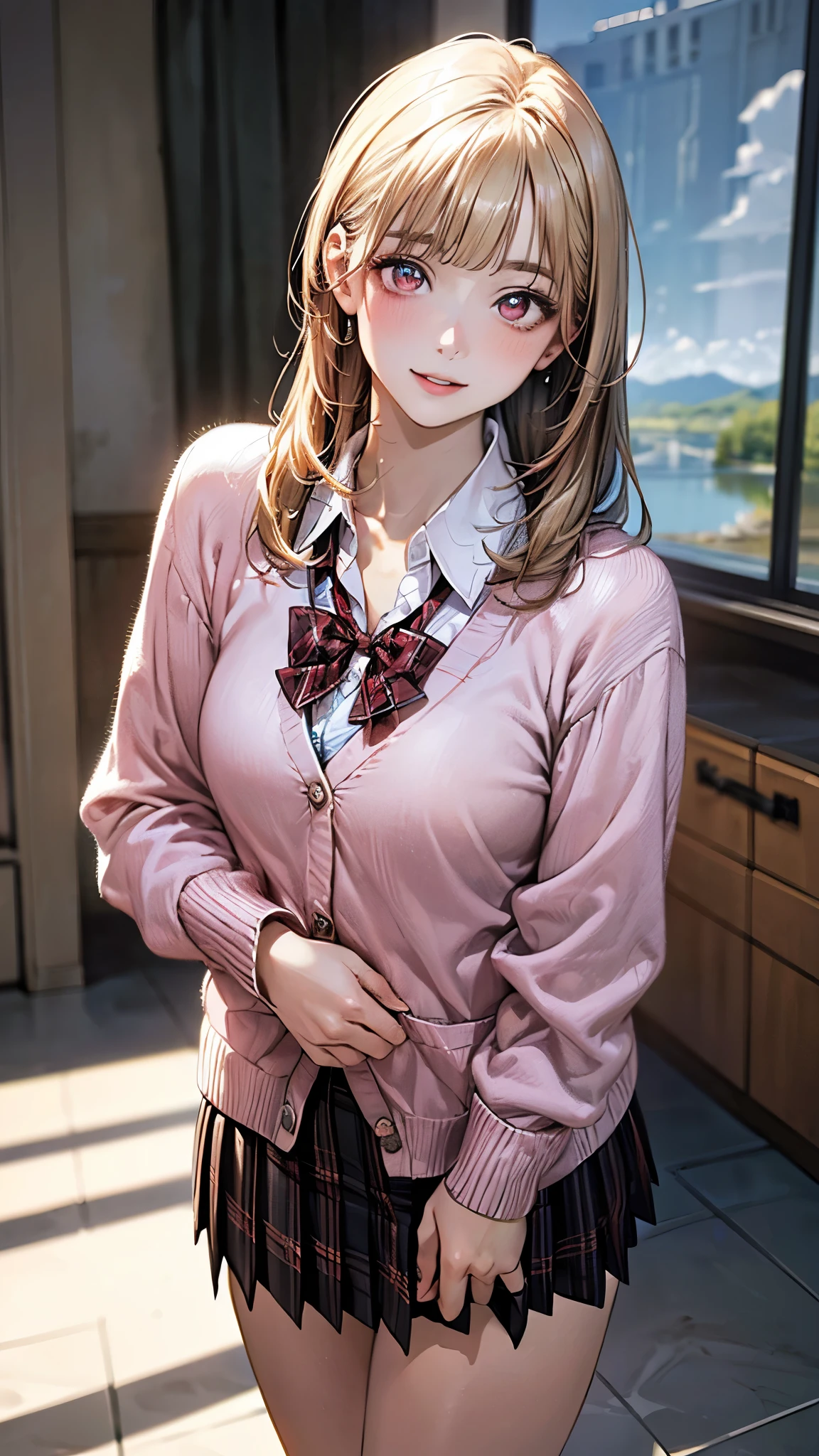 (masterpiece:1.2, top-quality), (realistic, photorealistic:1.4), beautiful illustration, (natural side lighting, movie lighting), depth of fields, nsfw,
beautiful detailed hair, beautiful detailed face, beautiful detailed eyes, beautiful clavicle, beautiful body, beautiful chest, beautiful thigh, beautiful legs,
looking at viewer, 1 girl, 12 years old, (perfect anatomy, anatomically correct, super detailed skin), cute and symmetrical face, perfect face, perfect eyes,
(middle hair, straight hair, curvy hair, ash blonde hair), blunt bangs, break gold eyes, big eyes, long eye lasher, (medium breasts, seductive thighs), perfect body, shiny skin, pink skin,
(detailed cloth texture, break white collared shirt, break (long sleeve pink knit cardigan), break dark brown pleated skirt, break dark red plaid bow tie), break
(beautiful scenery), (school crassroom:1.2), standing, (lovely smile, parted lips),