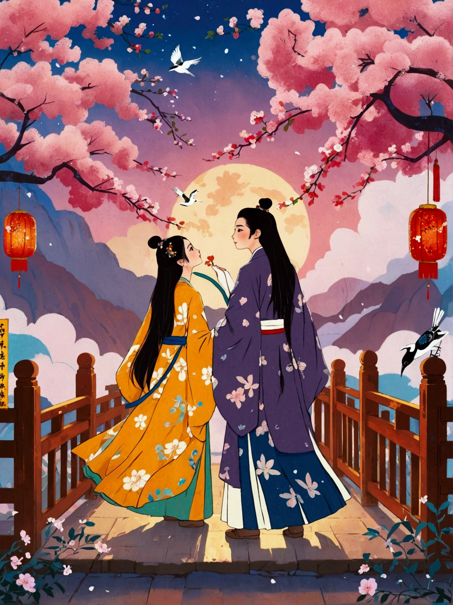 (Low Angle Shot:1.8), (Looking up:1.8), (((8k,Bright colors,Bright,Ultra high saturation,rgb, Colorful))), Chinese style,(in love:1.5),(((Flat poster design))),There are two people on the poster,Cowherd and Weaver Girl standing on an elegant bridge,The background is dreamy pink and purple,White magpies circling around them in the night sky,Surrounded by stars,Create a dreamy atmosphere,It is created in the style of Hayao Miyazaki's anime,In the foreground,There are some flowers in front,High Definition,High Detail,Dunhuang mural style,Dunhuang bright colors,Dunhuang Elements,Flat illustration