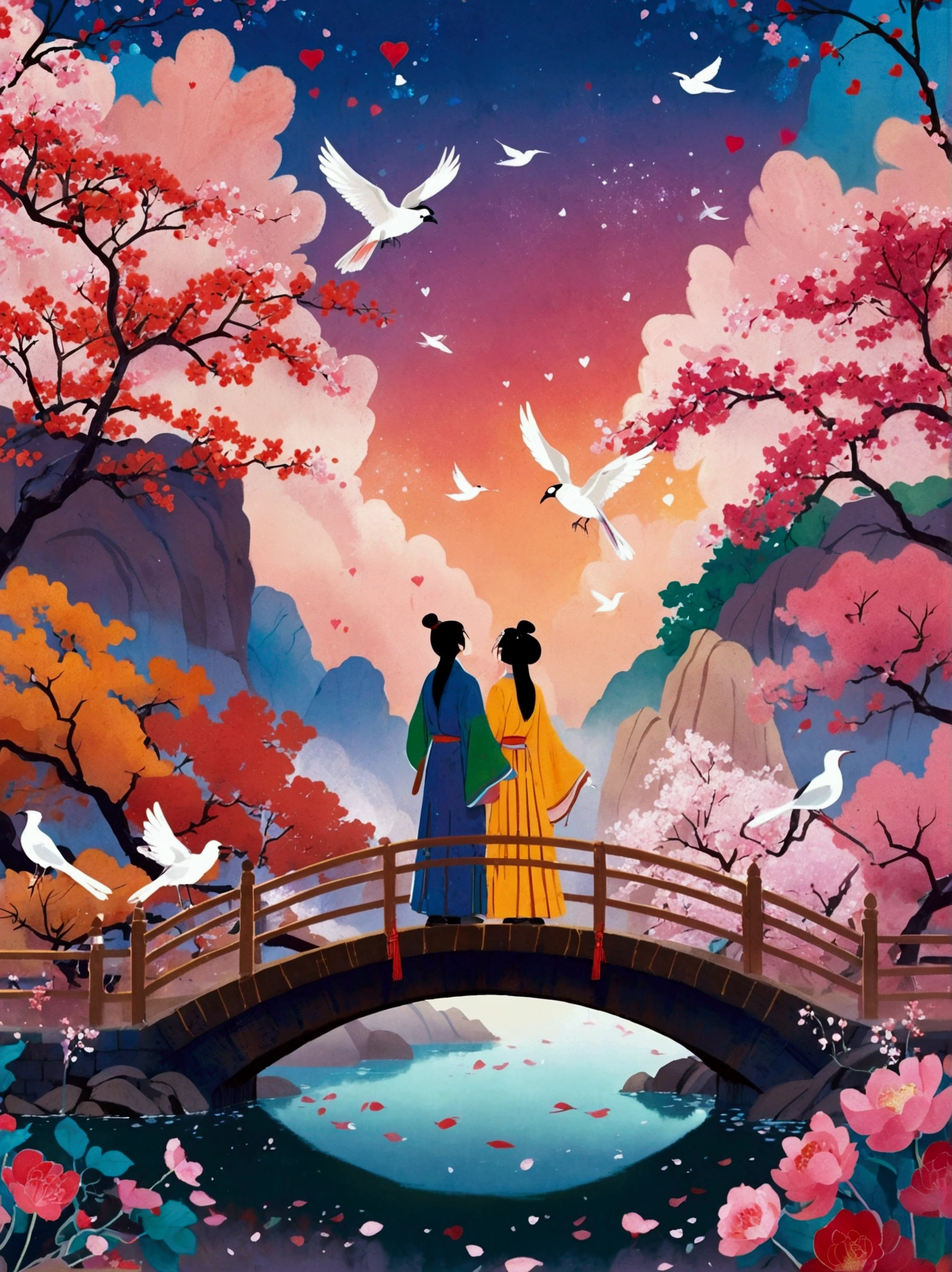  (Low Angle Shot:1.8), (Looking up:1.8), (((8k，Bright colors，Bright，Ultra high saturation，rgb, Colorful))), Chinese style，(in love:1.5)，(((Flat poster design)))，There are two people on the poster，Cowherd and Weaver Girl standing on an elegant bridge，The background is dreamy pink and purple，White magpies circling around them in the night sky，Surrounded by stars，Create a dreamy atmosphere，It is created in the style of Hayao Miyazaki&#39;s anime，In the foreground，There are some flowers in front，High Definition，High Detail，Dunhuang mural style，Dunhuang bright colors，Dunhuang Elements，Flat illustration