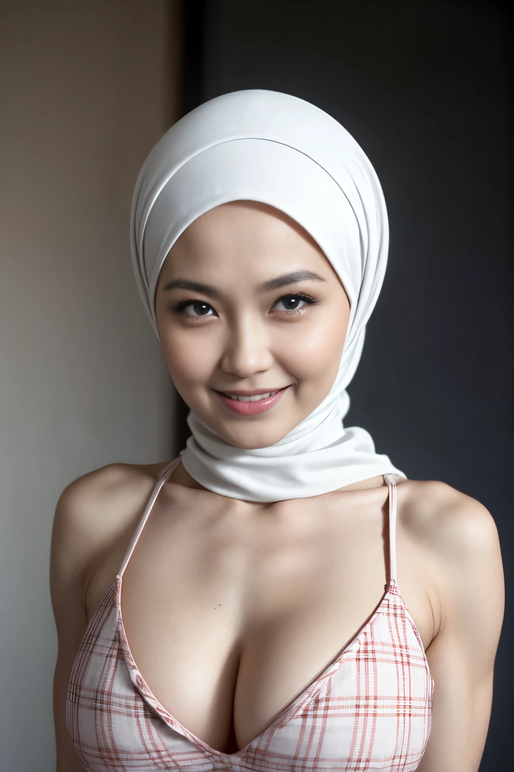 ((HALF BODY PORTRAIT)), ((Very short Plaid pleated skirt)), ((CHEERFUL FACE  EXPRESSION:1.3)), ((SHORT HIJAB)), ((Gigantic tits:1)), (dynamic photograph of a 58 year old Indonesian woman), (slim top, cotton panties), (straight non curly hair), (highly detailed face:1.4), (vascular muscles and abs:1.4), ((Dark background)) (8k, uhd, dslr, high quality, cinematic lighting, bokeh), (((sexy sultry stare at camera:0.8))), ((she is ready to dominate you:0.5)), ((beautiful feminine face)), add_detail:1,