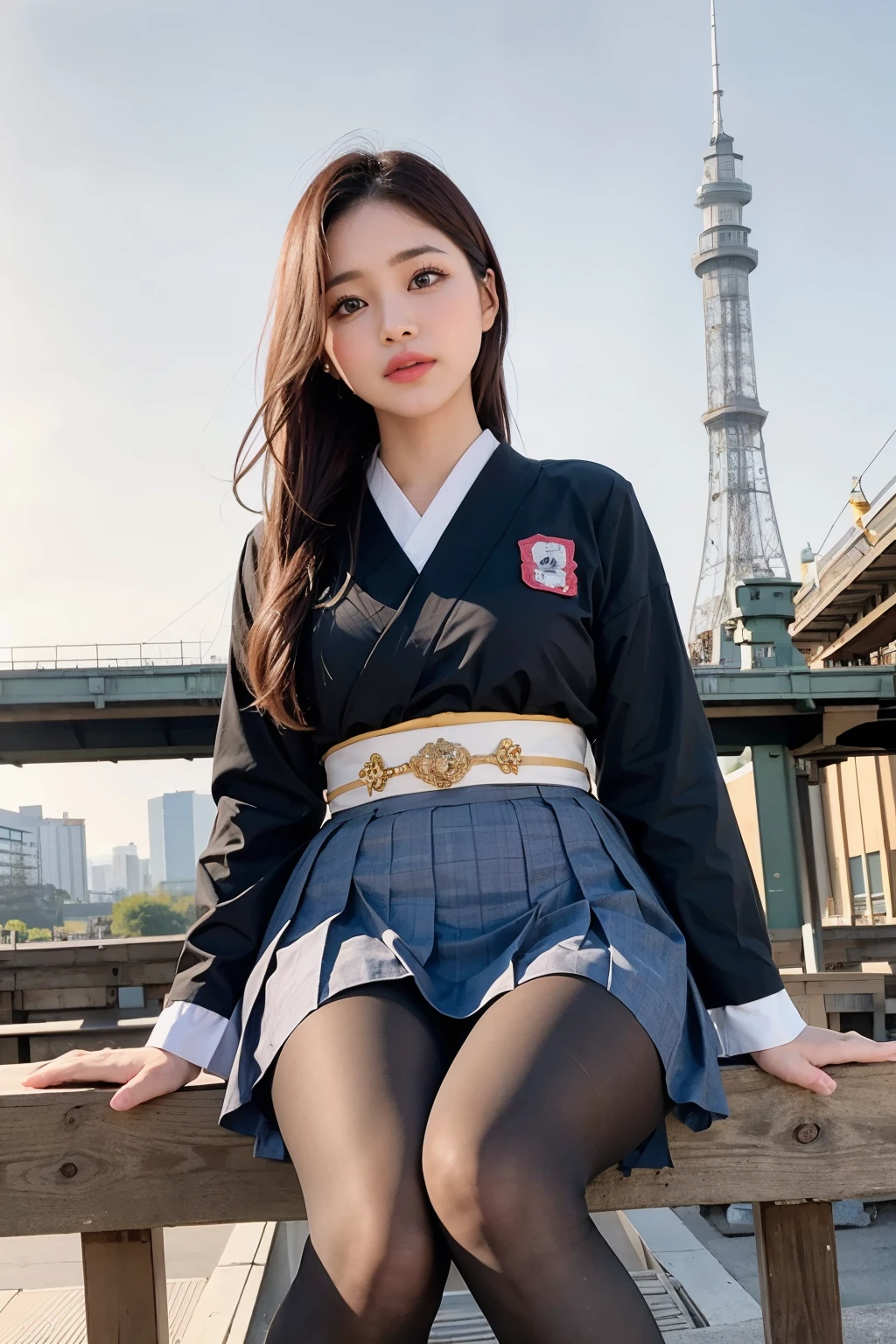 masterpiece, Bokeh, (Beautiful Face), (Detailed face), (Perfect hands), (Japanese Idols:1.6), (school uniform:1.3), (Ultra-realistic pantyhose:1.3), (Sit at the top of the tower:1.3),( Large bridge construction site:1.3), (Blushed:1.3), Working boots, (From below:1.5), Beautiful mature woman、