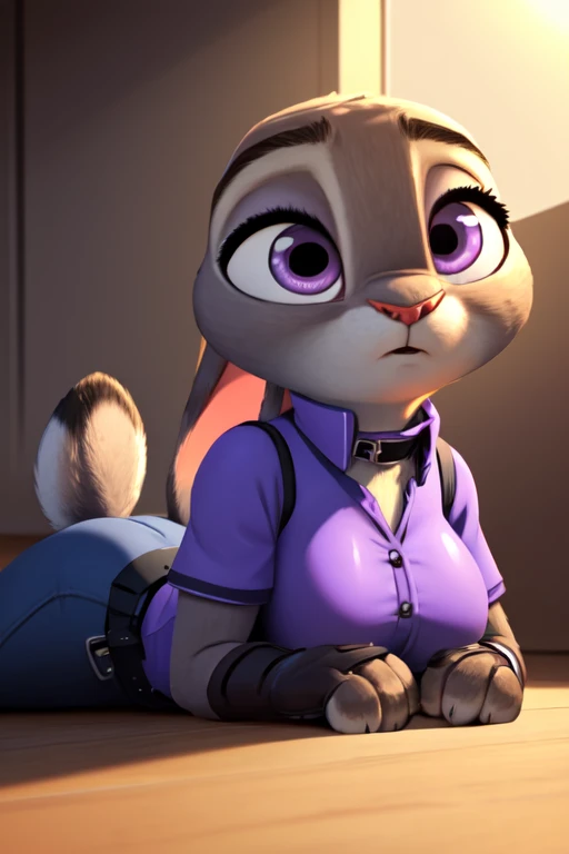 , perky breasts:1.4), (uploaded on e621,8k, raw photo,High resolution,high quality), ((masterpiece)), female, ((thin judy hopps)), (wear a cute shirt), crawling, They are over, pink collar, (cola) (cinematic lighting), backlighting, ashamed, humiliated, (shading), decolaed background, by dagasi, (by personals), beautiful purple eyes, thick leather gloves, leather cuffs, very big breasts