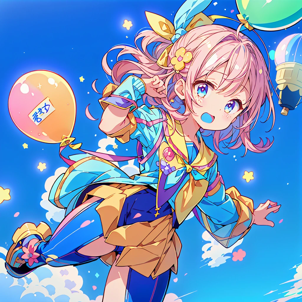 Little男の子、(((Highest quality、Masterpiece、Award-winning works、The best dynamic composition、Super detailed、Anime Style、Perfect Anatomy)))、Little、cute、Flying in the sky with lots of balloons、Wearing a blue costume、cute、Little、Heartwarming、kawaii tech,