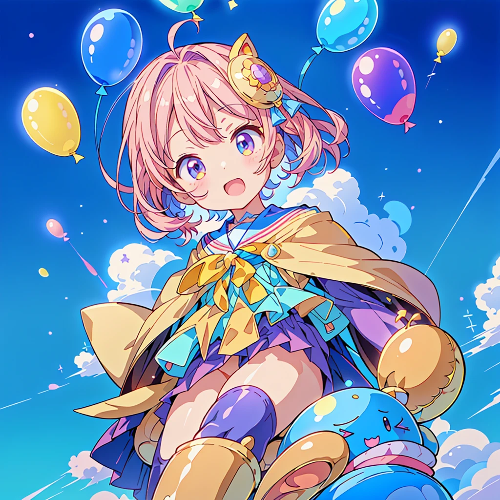 Little男の子、(((Highest quality、Masterpiece、Award-winning works、The best dynamic composition、Super detailed、Anime Style、Perfect ???????)))、Little、cute、Flying in the sky with lots of balloons、Wearing a blue costume、cute、Little、Heartwarming、kawaii tech,