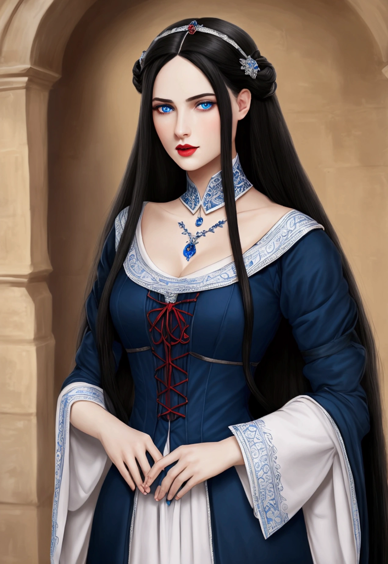 cold reserved proud aristocrat. thin. pale skin. white skin. brunette. long straight blue-black hair. Long hair. straight hair. blue eyes. sapphire eyes. bright eyes. plump lips. scarlet lips. scarlet plump lips. in a medieval dress