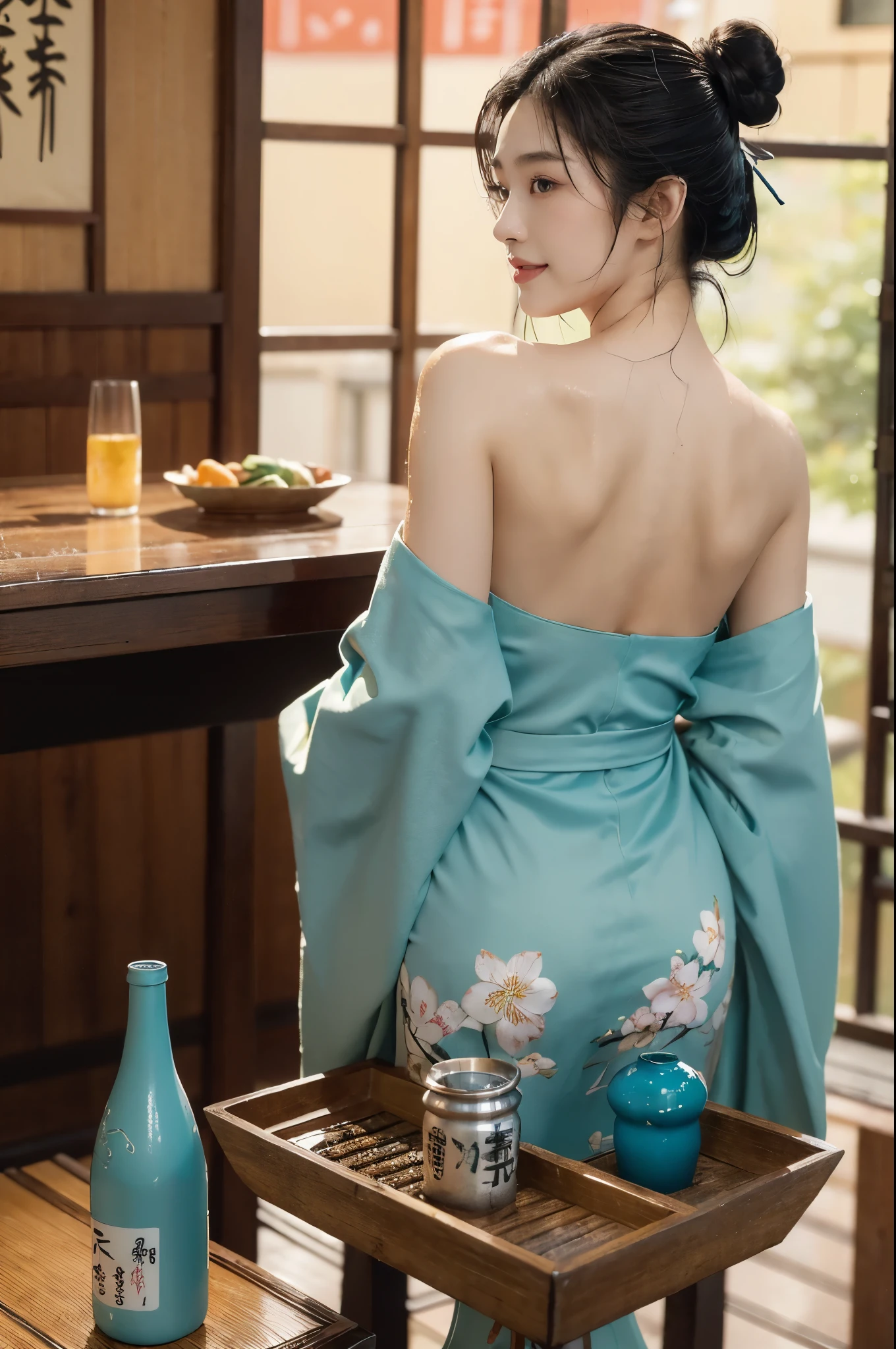 (((best quality))),(((ultra detailed))),(((masterpiece))),illustration,((1 beautiful Japannese girl,solo)),((slim,thin)),((shoulder off,strapless,bare back,towering hips,butt crack)),(in izakaya:1.3),(summer:1.2),(rainy:1.3),(indoor:1.2),(night scene:1.3),(wet:1.3),(cyan floral kimono:1.3),neat bun,porcelain skin,rouge,dimly lit,warm glow,ethereal,(standing beside the table:1.3),sake bottle,half-empty glass,tray,grilled fish,steamed vegetables,half-eaten,melancholic smile,storm,solitude,enigmatic aura,tranquility,chaos,simplicity,mysterious,captivating,((from back,upper body))