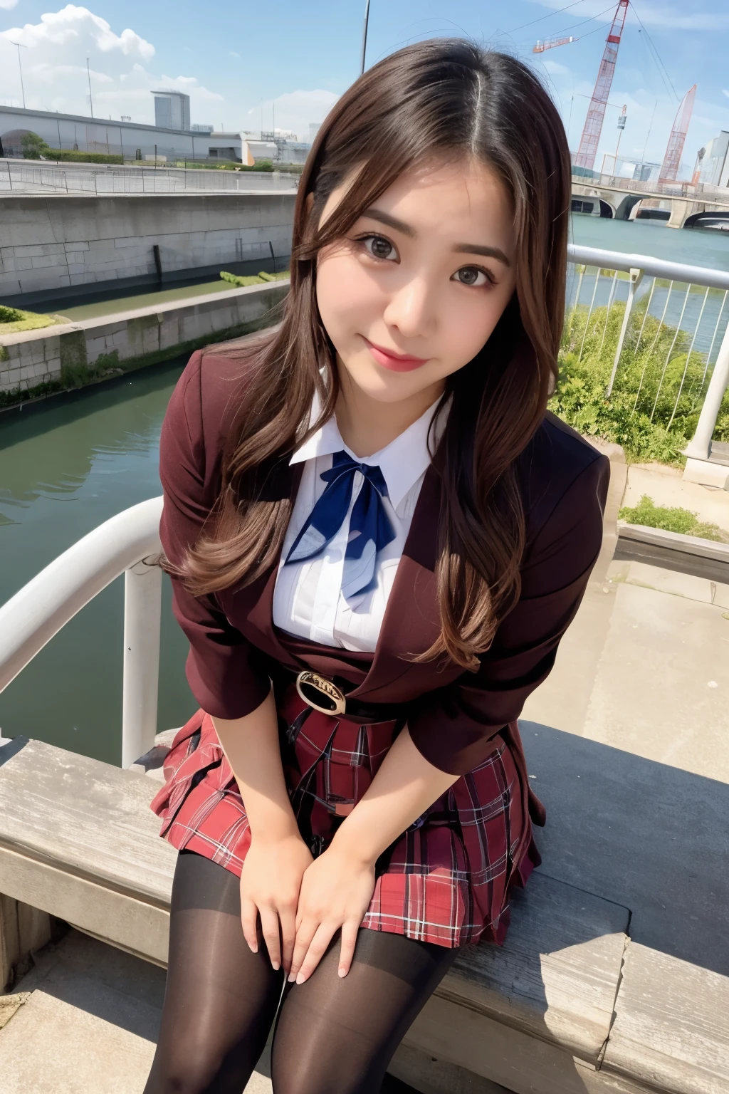 masterpiece, Bokeh, (Beautiful Face), (Detailed face), (Perfect hands), (Japanese Idols:1.6), (school uniform:1.3), (Ultra-realistic pantyhose:1.3), (Sit at the top of the tower:1.3),( Large bridge construction site:1.3), (Blushed:1.3), Working boots, (From below:1.5), Beautiful mature woman、