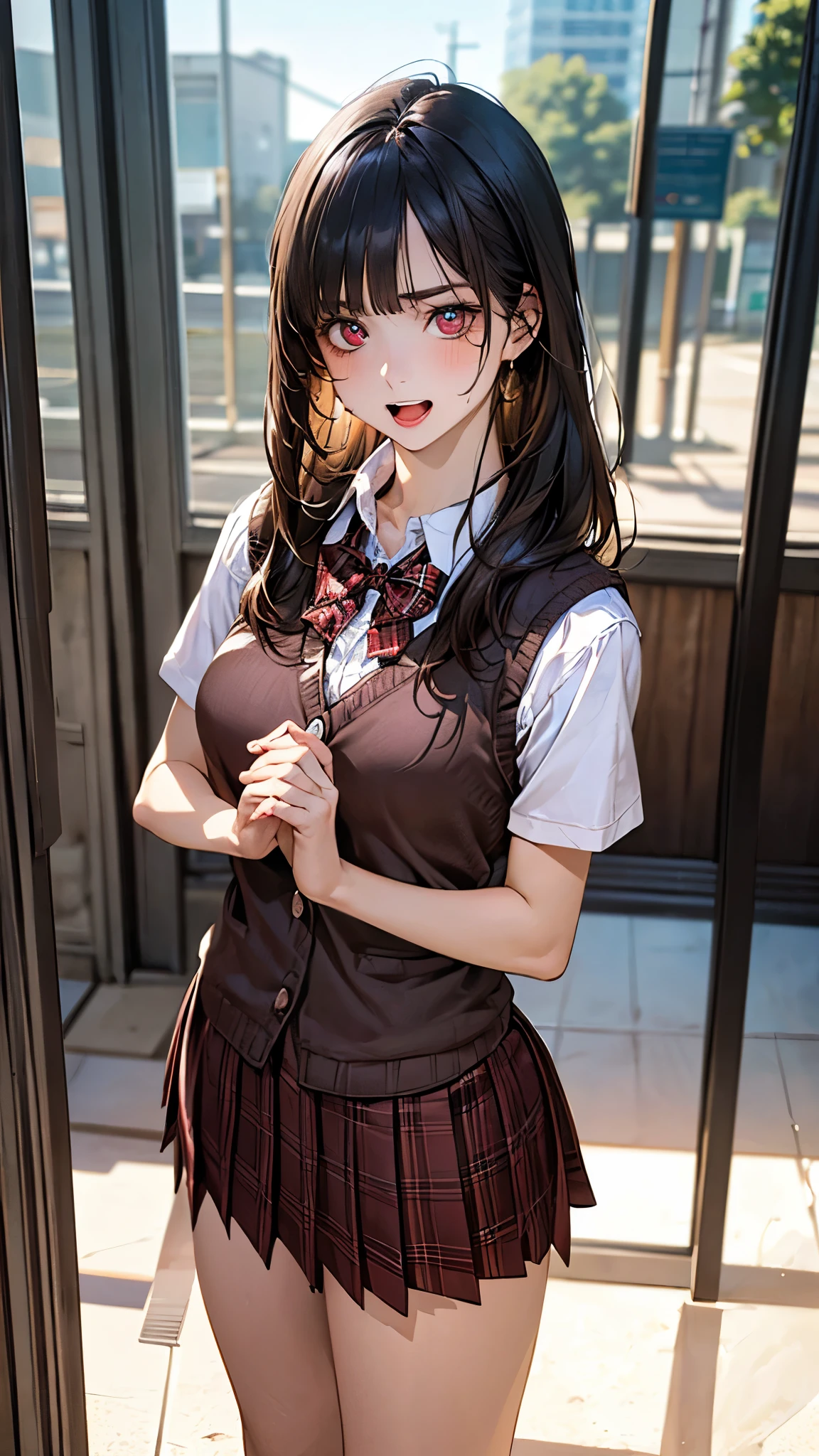 (masterpiece:1.2, top-quality), (realistic, photorealistic:1.4), beautiful illustration, (natural side lighting, movie lighting), depth of fields, nsfw,
beautiful detailed hair, beautiful detailed face, beautiful detailed eyes, beautiful clavicle, beautiful body, beautiful chest, beautiful thigh, beautiful legs,
looking at viewer, 1 girl, 12 years old, (perfect anatomy, anatomically correct, super detailed skin), cute and symmetrical face, perfect face, perfect eyes,
(long hair, straight hair:1.5, sideburns, black hair), blunt bangs, break red eyes, big eyes, long eye lasher, (medium breasts, seductive thighs), perfect body, shiny skin, pink skin,
(detailed cloth texture, break short sleeve white collared shirt, break (brown knit vest), break dark brown pleated skirt, break dark red plaid bow tie), break
(beautiful scenery), (school crassroom:1.2), standing, (clenched hands), (serious look, open mouth),