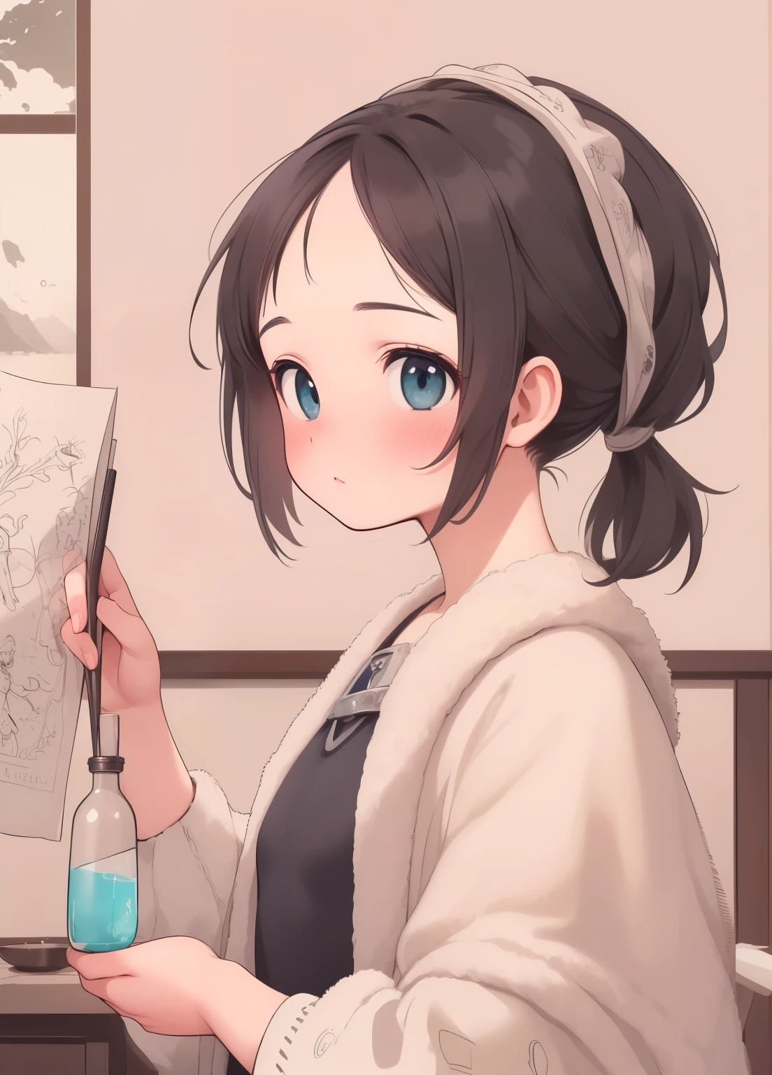 (masterpiece、Highest quality、Highest quality、Official Art、beautifully美しい:1.2)、(1人のgirl:1.3)Hatsune Miku、Twin tails,Beautiful breasts, Katsushika Hokusai,Browsing Caution,(Fantasy:1.5),(anime,8k,masterpiece, Highest quality, Highest quality,beautifully、beautiful:1.2,Professional illustrations:1.1,Very detailedな:1.3,Perfect lighting),Very detailed,Most detailed,Unbelievably absurd , High resolution, Very detailedなed,complicated:1.6,(Alchemy Workshop:1.4),A girl mixing,Many small medicine bottles,Contains a small potion,colorful:1.4,Tangled,(1girl),(girl),(Female warriors of the Three Kingdoms),(Very beautiful face and eyes,Firm breasts),Oily skin,((black,hair,short bob with short pony tail hair)),thin pubic hair,cute,Lovely,age 34,Alchemist's costume,merchant'Clothing,smile,In the kitchen,smile,Seductive Weakness々しいsmile,(with sparkling eyes and a contagious smile),Open your mouth, Show Viewer,