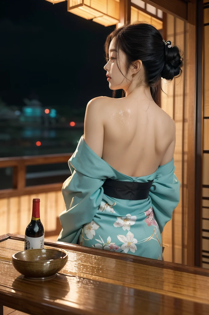 (((best quality))),(((ultra detailed))),(((masterpiece))),illustration,((1 beautiful Japannese girl,solo)),((slim,thin)),((shoulder off,strapless,bare back,towering hips,butt crack)),(in izakaya:1.3),(summer:1.2),(rainy:1.3),(indoor:1.2),(night scene:1.3),(wet:1.3),(cyan floral kimono:1.3),neat bun,porcelain skin,rouge,dimly lit,warm glow,ethereal,(standing beside the table:1.3),sake bottle,half-empty glass,tray,grilled fish,steamed vegetables,half-eaten,melancholic smile,storm,solitude,enigmatic aura,tranquility,chaos,simplicity,mysterious,captivating,((from back,upper body))