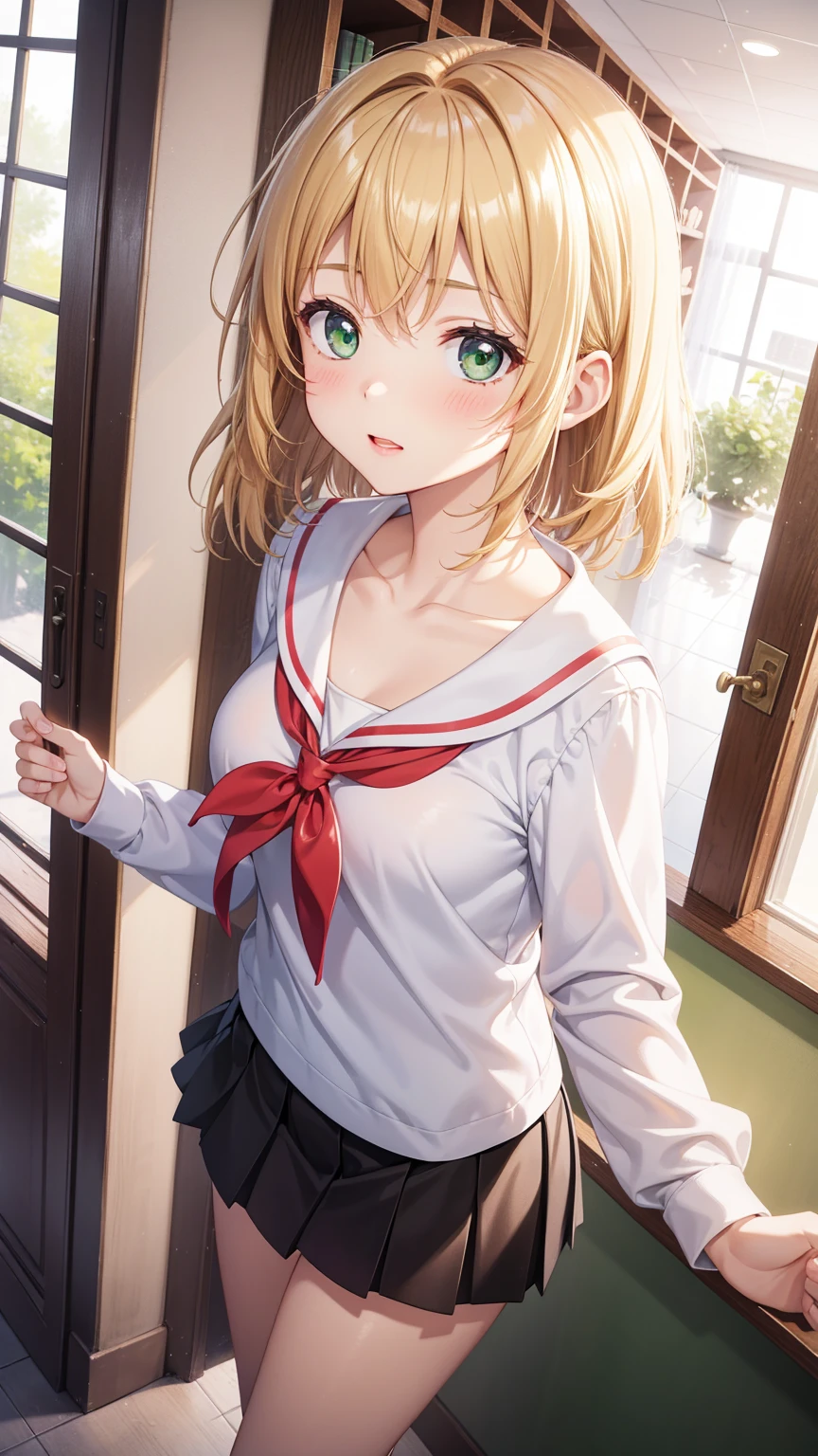 1girl, natural lighting, masterpiece, highly detailed, illustration, game CG, absurdres, high quality, kinomoto sakura, (18 year old girl), medium breasts, beautiful detailed eyes, glossy lips, natural lighting, short fluffy blonde hair, messy hair, green eyes, school, hallway, locker, white shirt, collarbone, black pleated miniskirt, from above