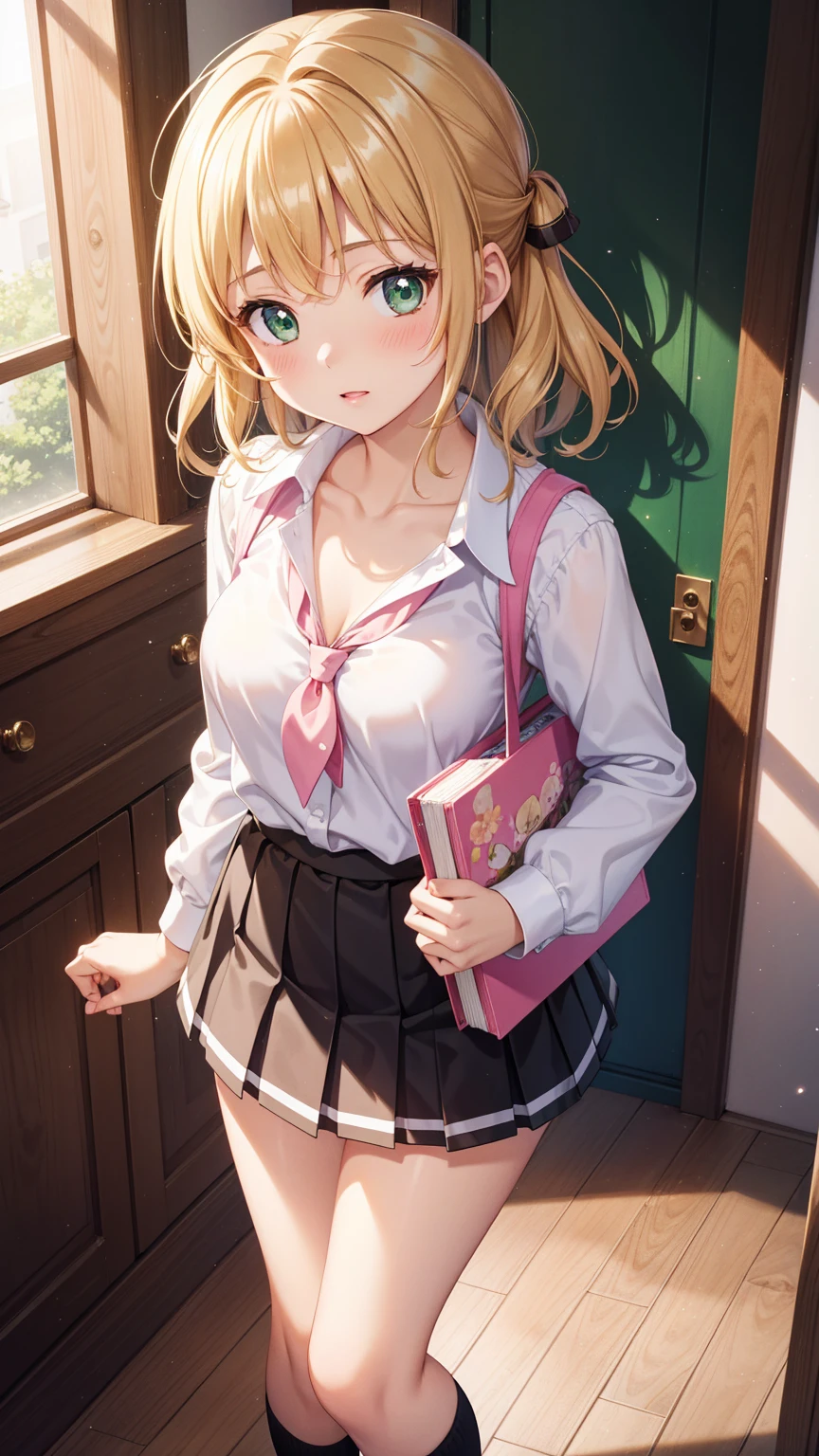 1girl, natural lighting, masterpiece, highly detailed, illustration, game CG, absurdres, high quality, kinomoto sakura, (18 year old girl), medium breasts, beautiful detailed eyes, glossy lips, natural lighting, short fluffy blonde hair, messy hair, green eyes, school, hallway, locker, white shirt, collarbone, black pleated miniskirt, from above