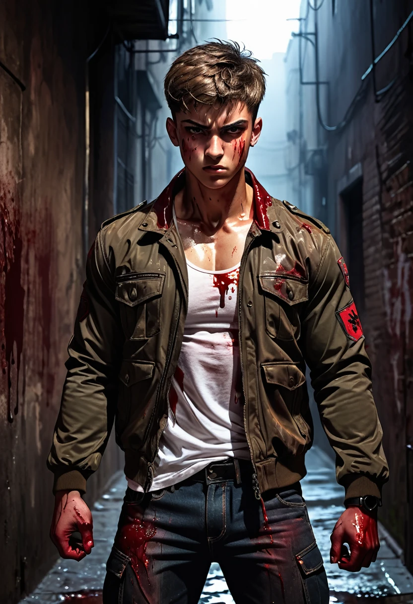 a rustic boy, 20 years old, military short hair, lightbrown eyes, male pose standing in a dark alley, mysterious lighting, Muscular Physique, looking at the camera, anger, jaket, a lot of blood, blood on hands, blood on clothes