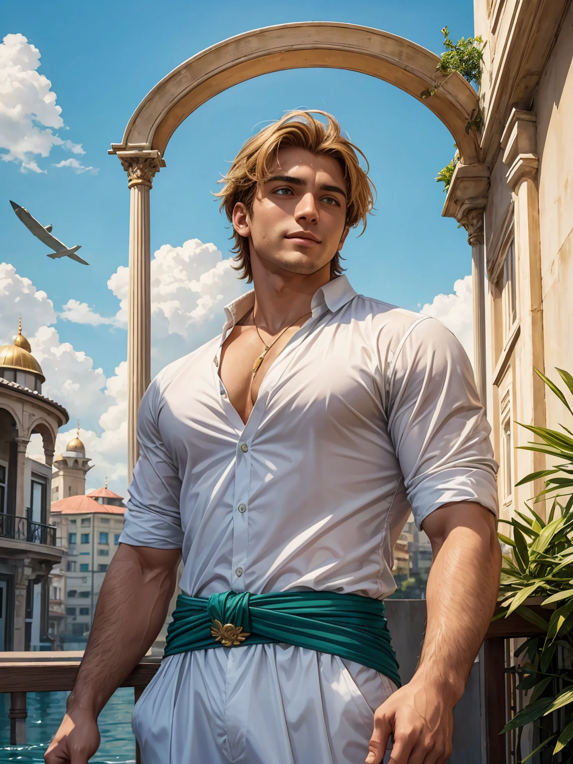 The resurrected figure of Roman Emperor Constantine I "The Great". Modern. A man in his 20s. A hard-working and talented businessman. Soft hair. Warm colored hair. A lively look. A gentle smile. He is warm-hearted but resolute. Eyes like the eyes of a lion. Bright and sharp eyes. broad shoulders. thick neck Stylish appearance. I'm wearing resort wear. he is looking up at the blue sky. Background of Istanbul, Turkey. Early summer before vacation. water. green. A refreshing breeze is blowing. Delicate and elegant. Elegant and luxurious. Detailed and exquisite. concept art. Super high quality. Super high quality. A super masterpiece. Super beautiful.