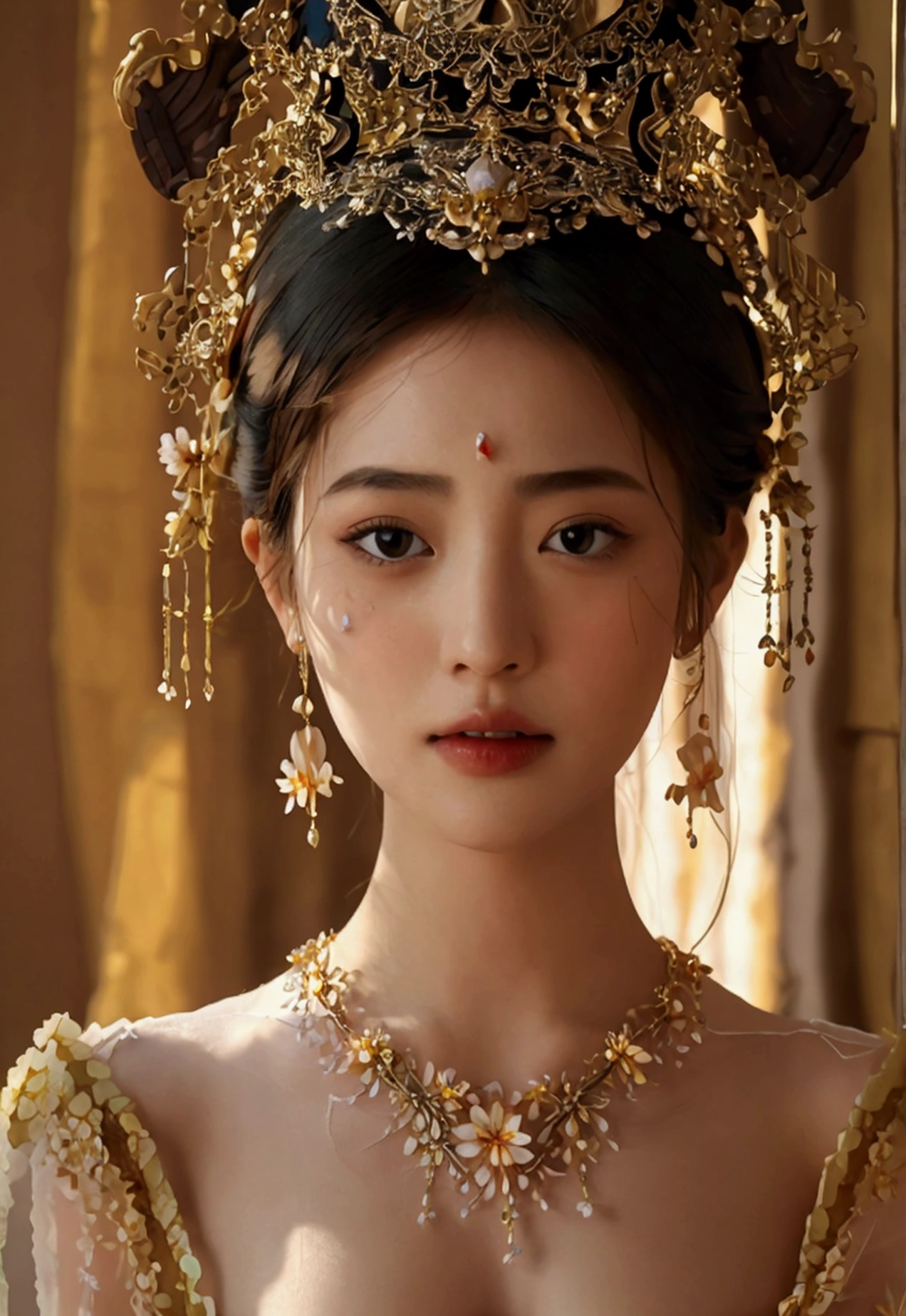 Highest quality, Masterpiece, high resolutionเป็นพิเศษ, (realistic: 1.4) 1 girl, beautiful_face, Fine skin, full body, decorations, alone, palace, queen, earring, (Tuesday: 1.3), Blurry, realistic, lips, สไตล์Dunhuang, (tangled: 1.2), (flower: 1.4), big breasts, The navel is exposed, , ahe-face, painful expression, enjoy, big, armpit, M shaped legs, open legs, camel toe, Barefoot, Barefoot, Barefoot, Highest quality, Masterpiece, Highly detailed, high resolution, 8ก, complicated details, realistic, realistic, incredible light, Partially hidden 1 girl, Dunhuang_clothes, Dunhuang_set, clothes, (see through: 1.3), Through a thin curtain, glance at chest, Create an attractive and suggestive effect., Lets you see her skin and breast shape.