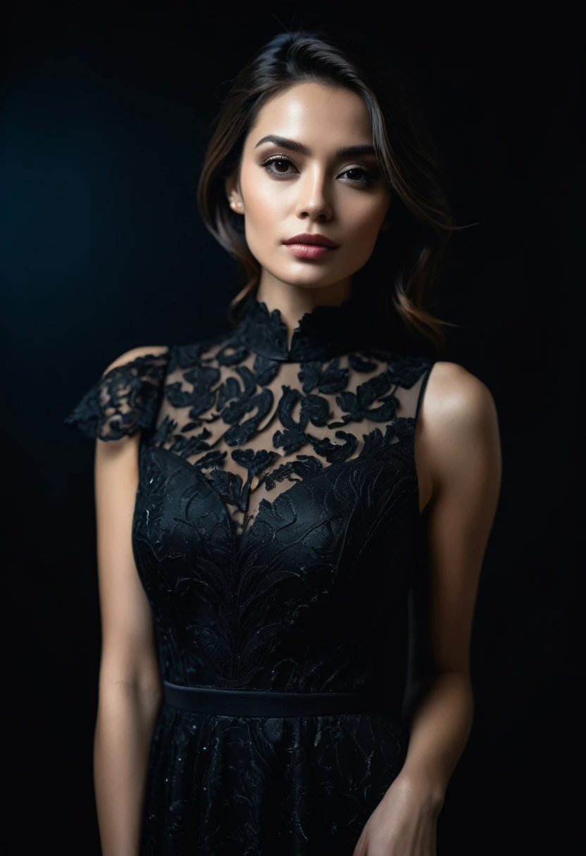dark shot, film grain, A close up of a woman in a beautiful black dress and a black background, ultra clear, high quality